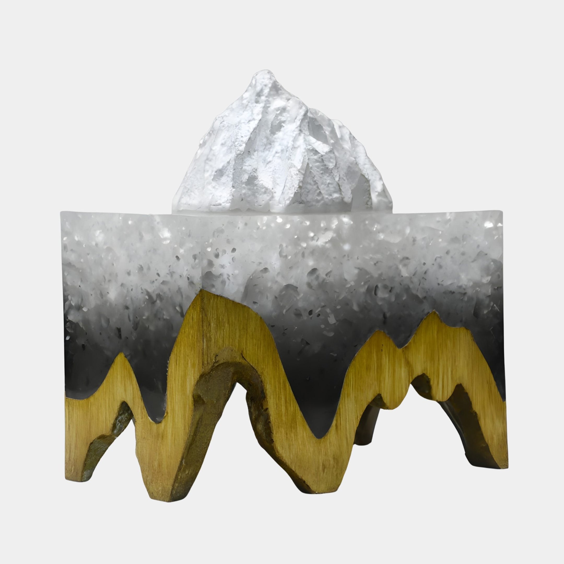 Snow-Capped Peak Resin & Wood Sculpture by Giant Sculptures, with a white crystalline summit rising above a frosted grey band and gold-toned carved wooden base.