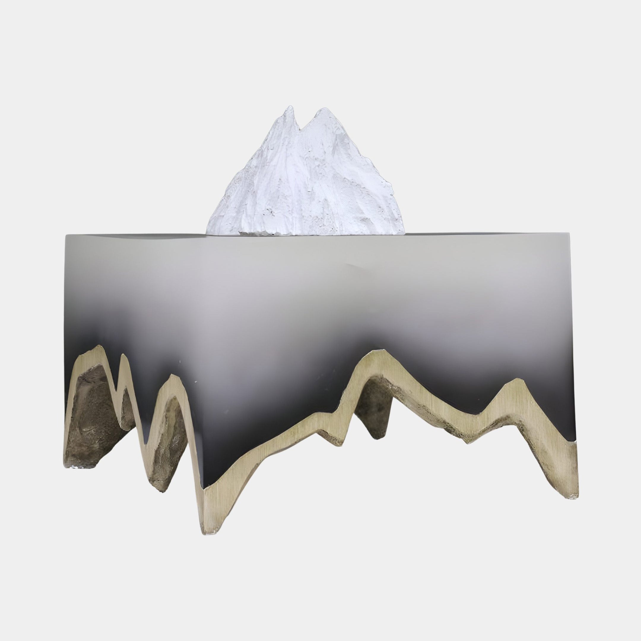 Giant Sculptures Gradient Grey Snow Peak Resin Pedestal Sculpture 39cm with a frosted white summit on a grey block and cream mountain silhouette base.