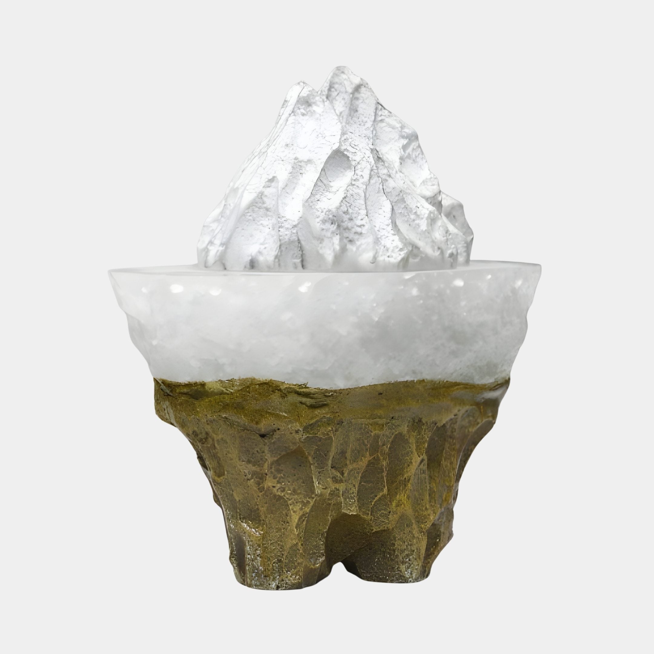Giant Sculptures White Crystal Resin Mountain Peaks on Gold Crag Base 35cm, frosted jagged summits above a textured gilded rock, shown on a plain background.