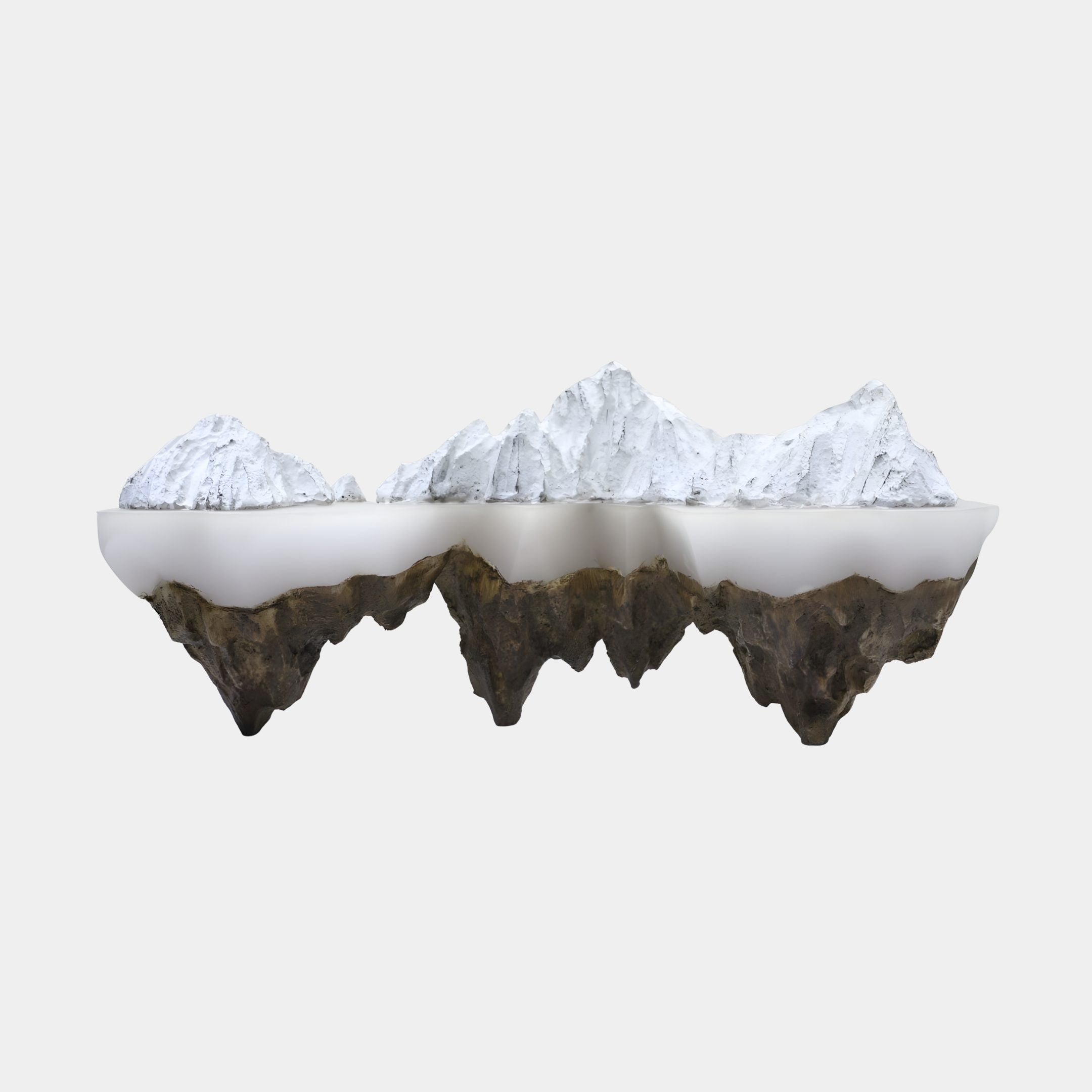 Brown Floating Island Triple Peak Snow Resin Sculpture by Giant Sculptures, showing white snowy peaks above a rugged earthen underside, on a plain background.