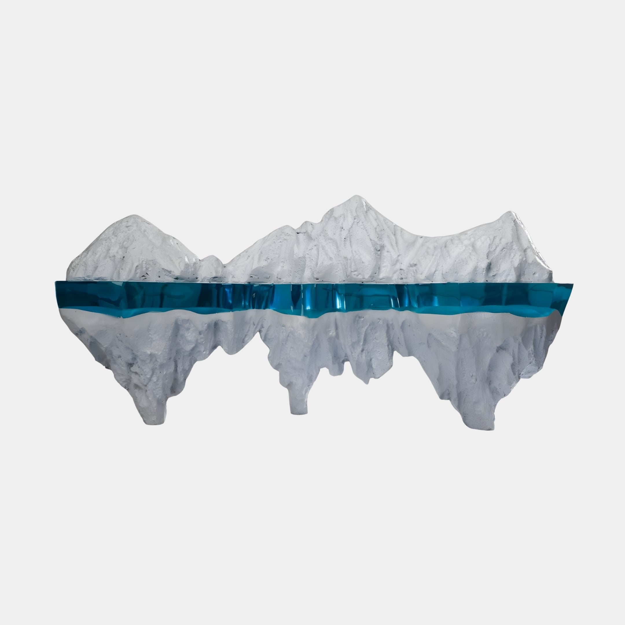 Giant Sculptures Teal Translucent Waterline Triple Peak Resin Sculpture in white with a glowing teal resin band mirroring the peaks above and below, on white.