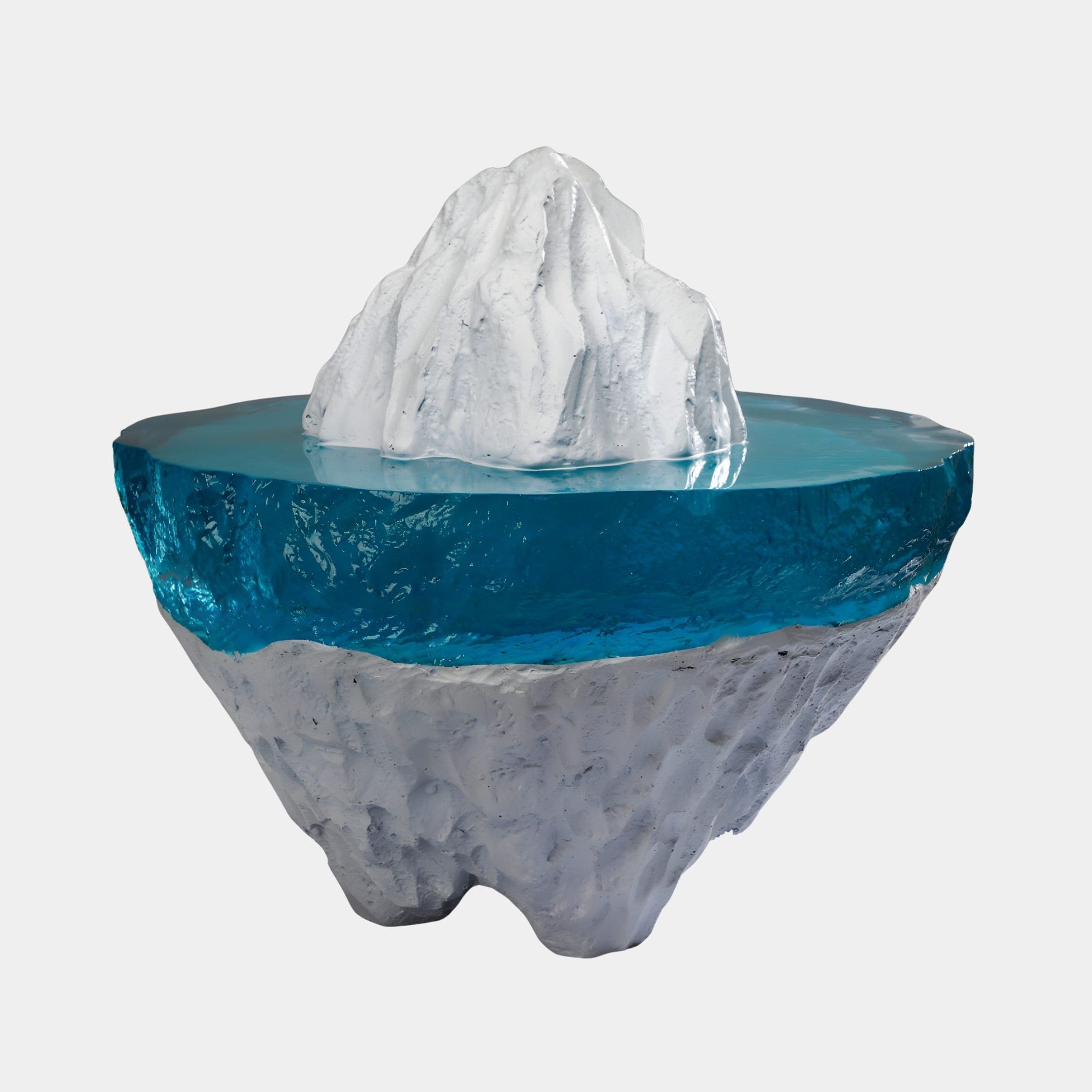 Teal Crystal Clear Resin Iceberg Sculpture by Giant Sculptures, featuring a frosted white snow peak above a turquoise resin sea and rugged white base on a plain background.