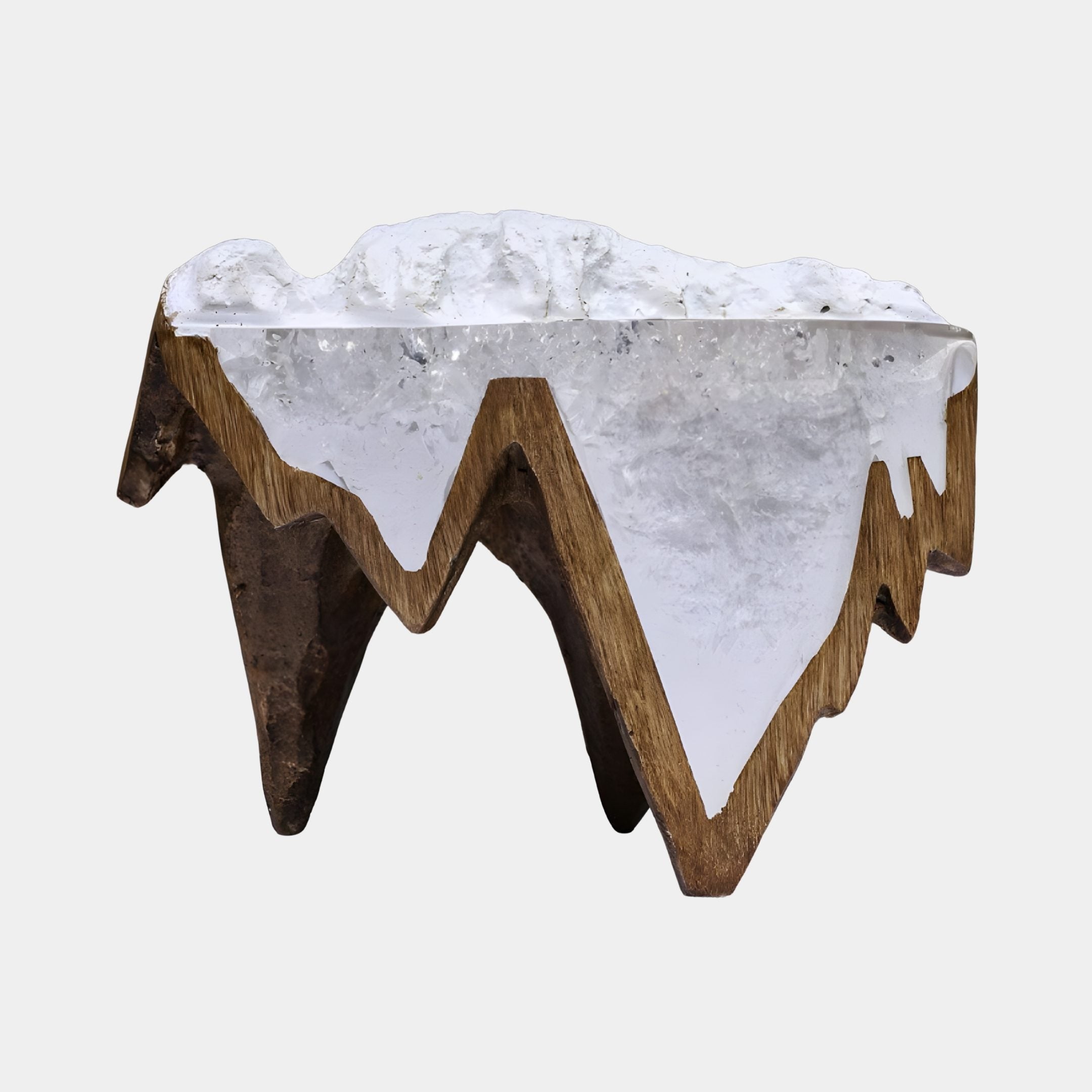 Rustic Jagged Snow Peak Resin & Wood Sculpture by Giant Sculptures, featuring a white crystalline summit atop a jagged grained wooden base, shown against a plain background.
