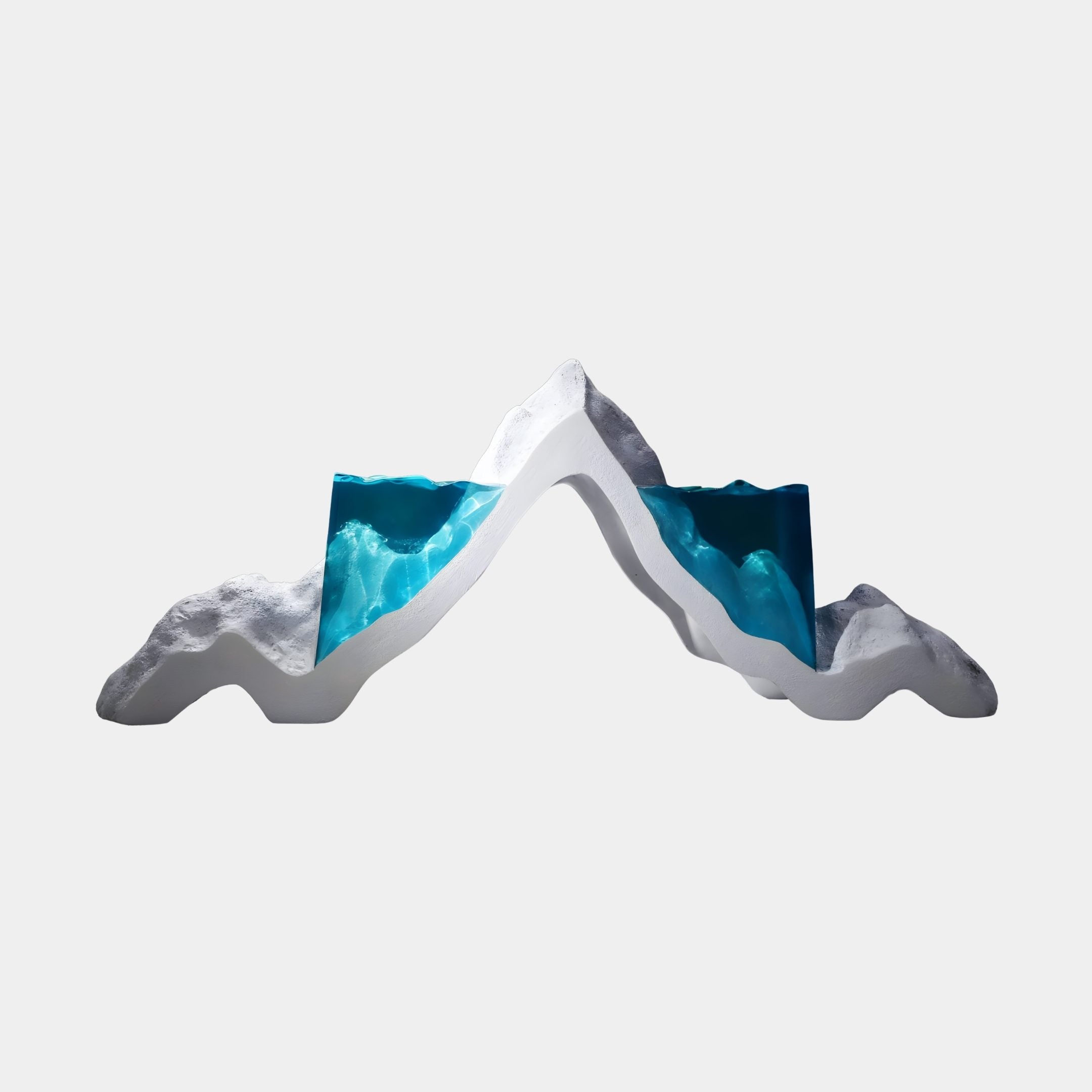 Giant Sculptures' White Arched Mountain Blue Water Resin Sculpture, 260cm, with peaked white fibreglass ridges cradling luminous turquoise resin water, on a plain background.
