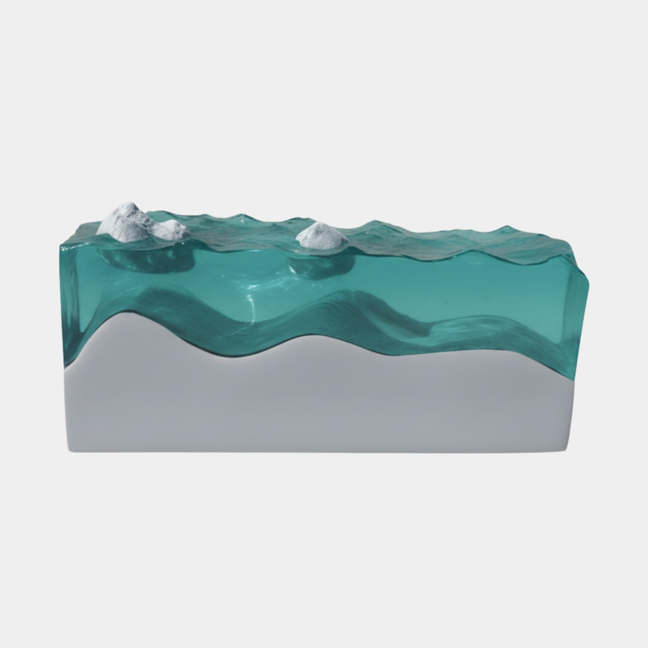 Clear Resin Ocean Wave Surface Block Console 100cm by Giant Sculptures, with teal rippling water and white foam crests over a grey-white base.