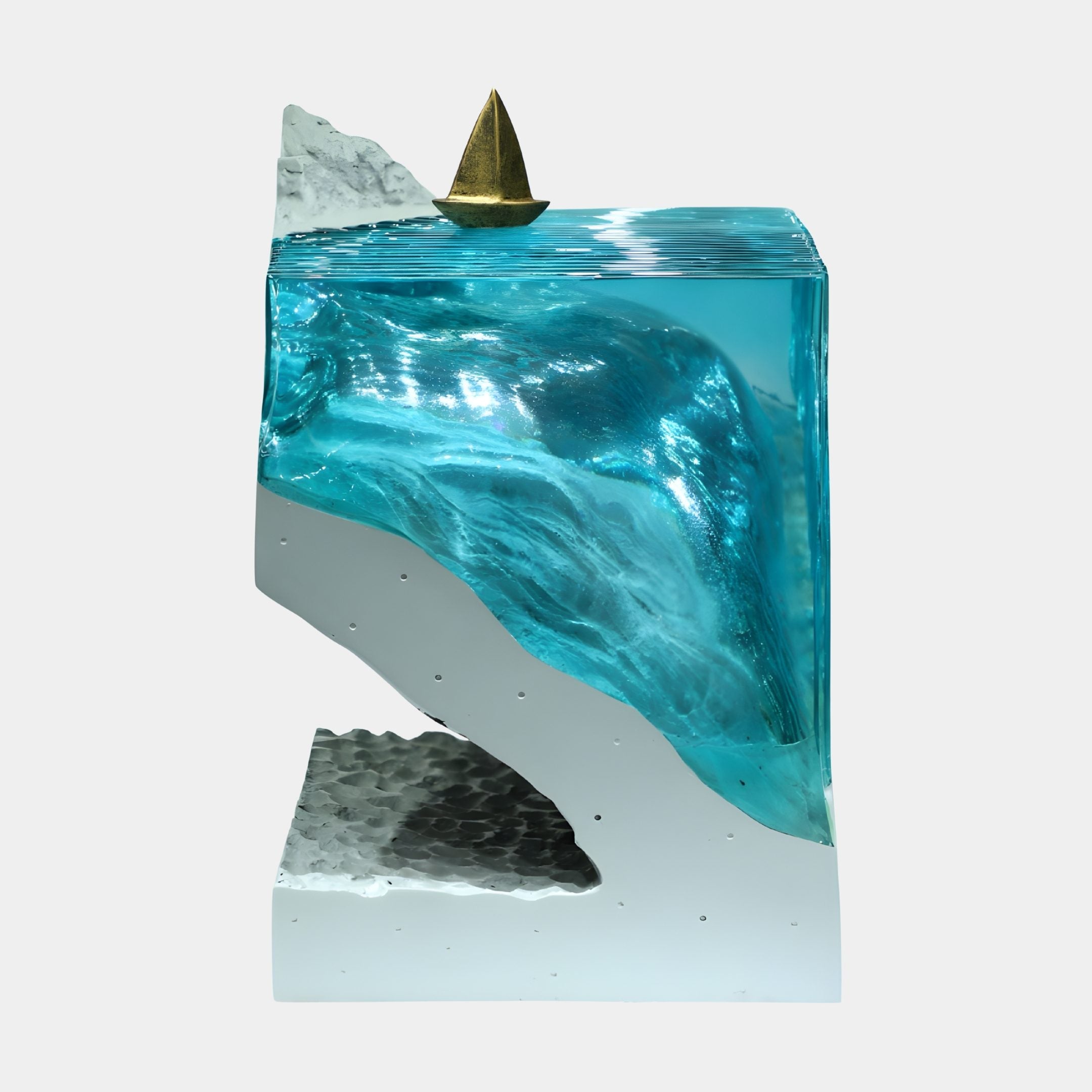 Azure Rippled Crag Silhouette Resin & Gold Sail Sculpture by Giant Sculptures, showing a turquoise resin wave with a gold sailboat on a white base.