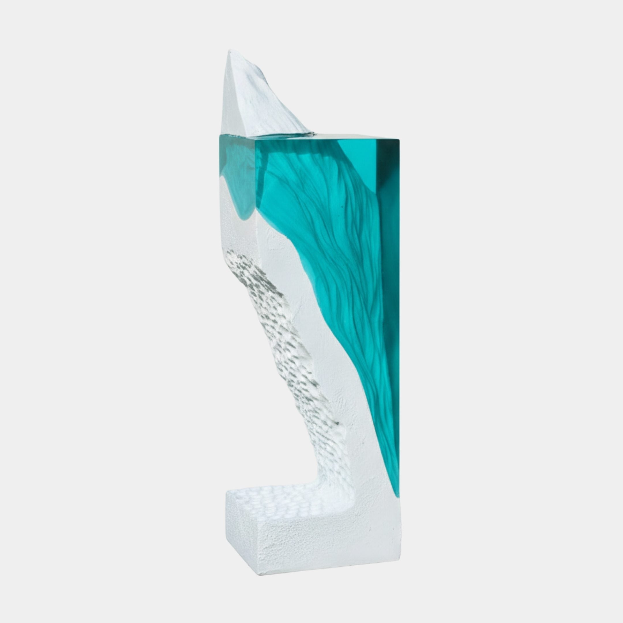 Aqua Vertical Sea Glacier Silhouette Resin Sculpture by Giant Sculptures, 143cm tall with translucent turquoise resin beside a frosted white textured form, on a plain background.