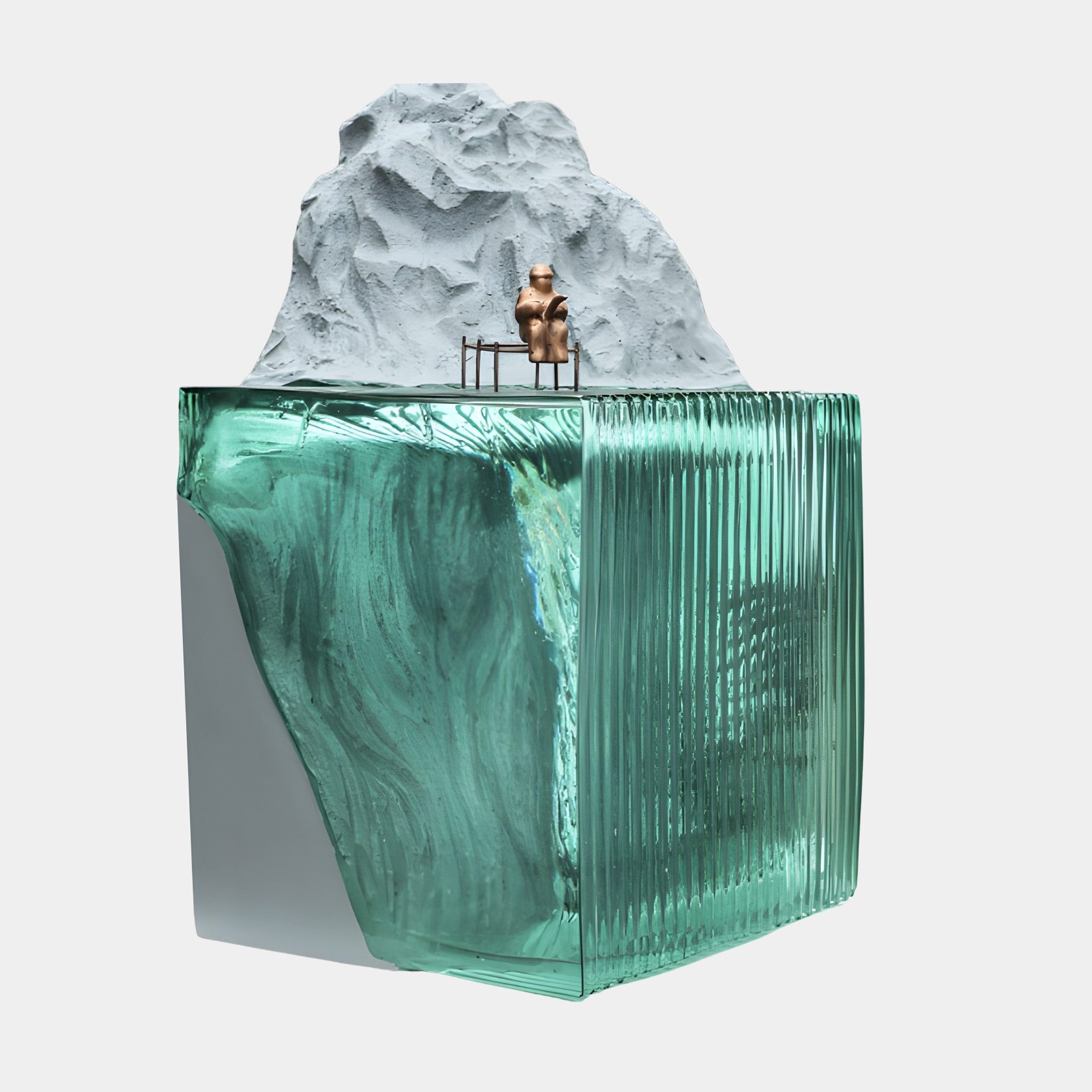 Giant Sculptures Clear Resin Iceberg White Peak & Bronze Figurine Sculpture 72cm, with ribbed green resin base and bronze seated figure, on white background.