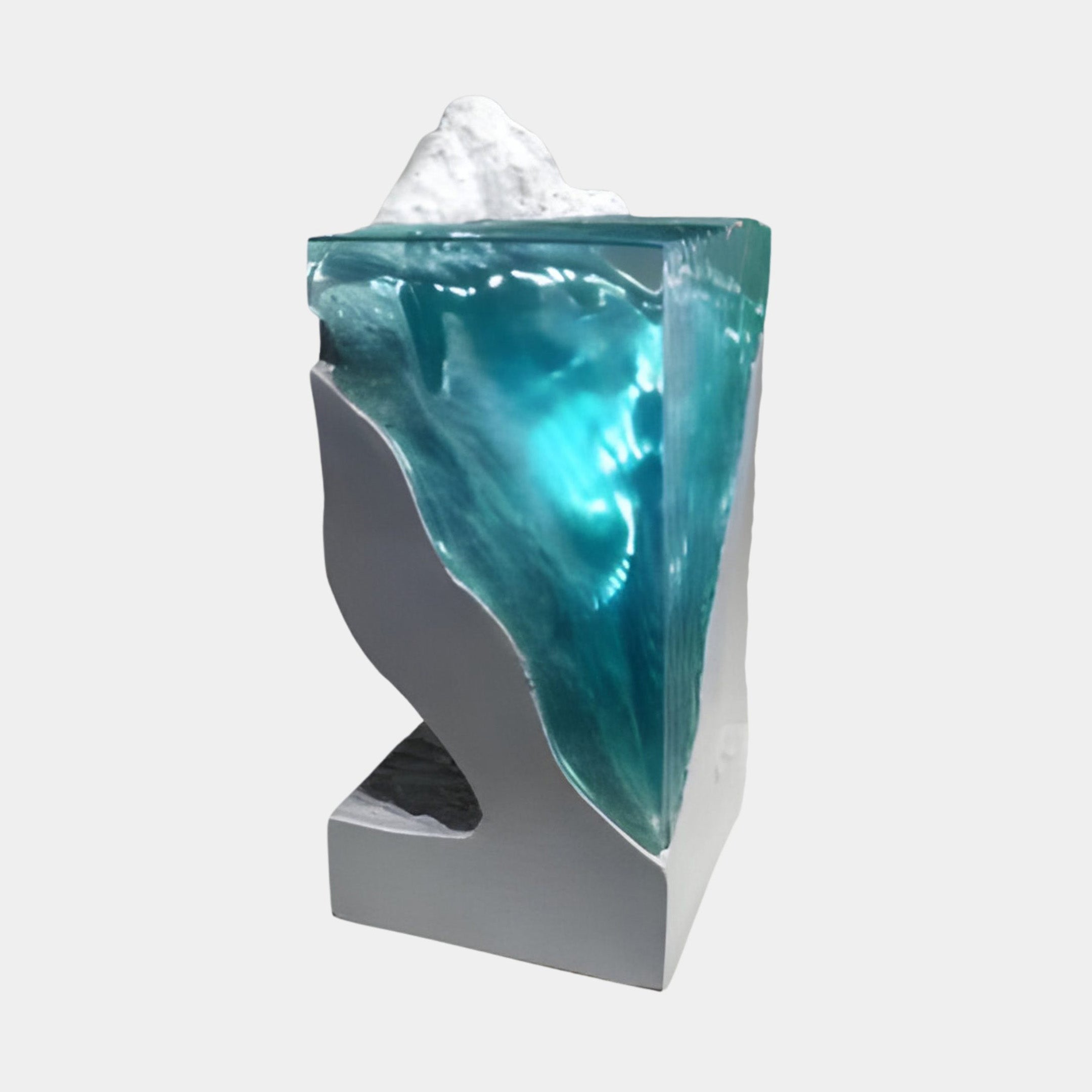 Giant Sculptures Turquoise Molten Sea White Summit 53cm resin sculpture with swirling blue-green base and rugged white peak, shown on a plain background.