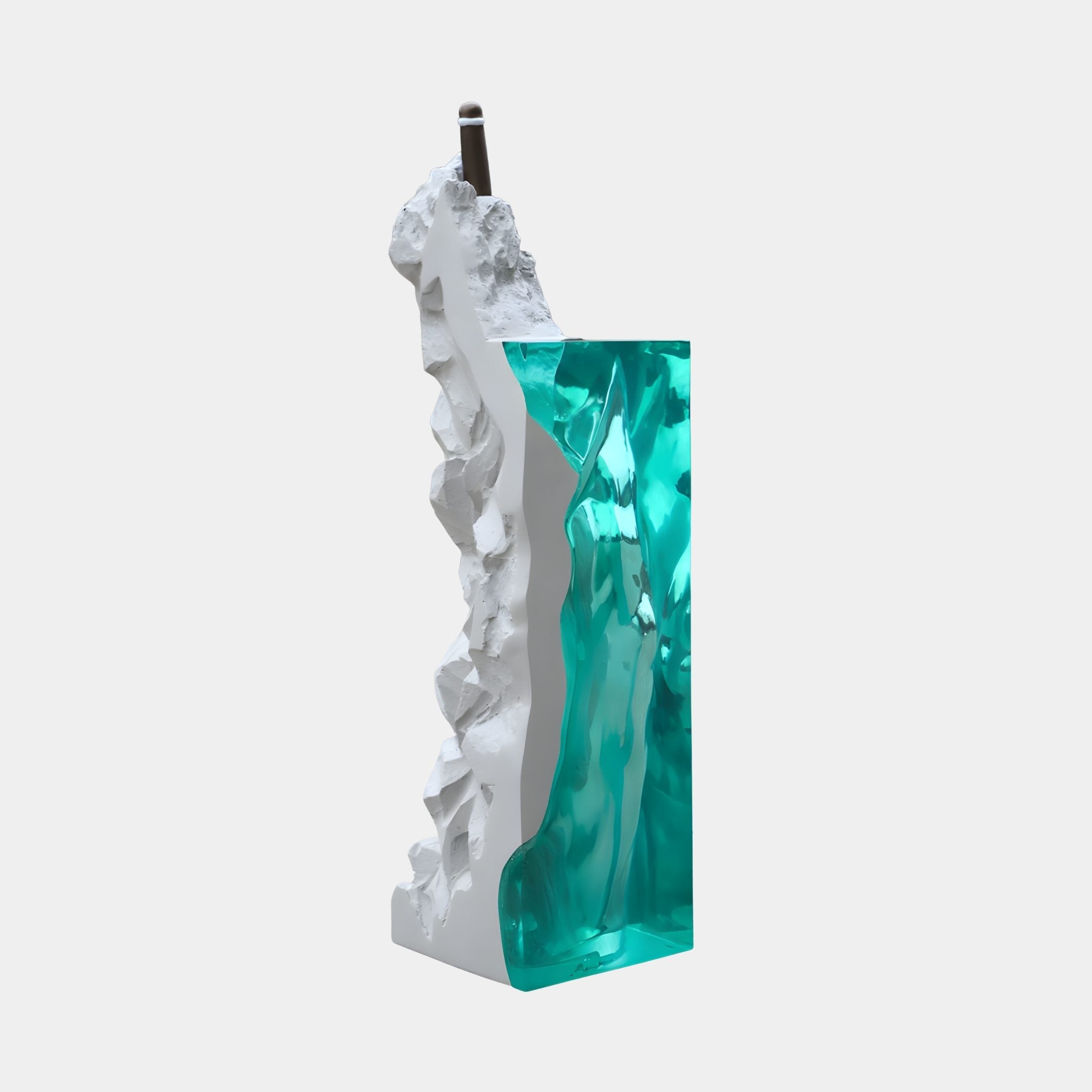 Giant Sculptures Clear Resin Flowing River and Jagged Peak Sculpture, 146cm, with a white textured stone column meeting a transparent green resin channel on a plain background.