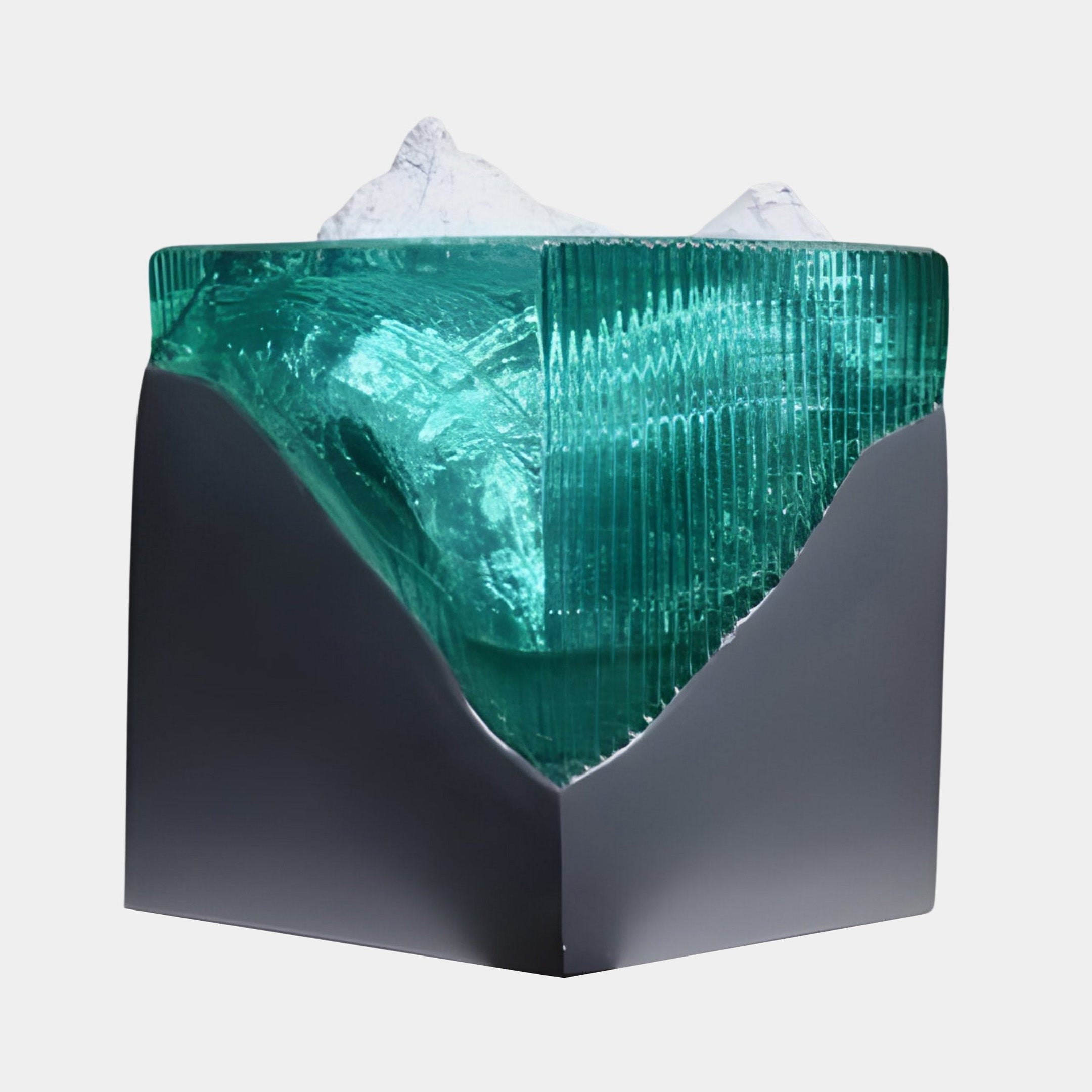 Emerald Fluted Resin Peak on Charcoal Base Sculpture by Giant Sculptures, 53cm, with a white rocky summit above ribbed green resin, on a plain background.