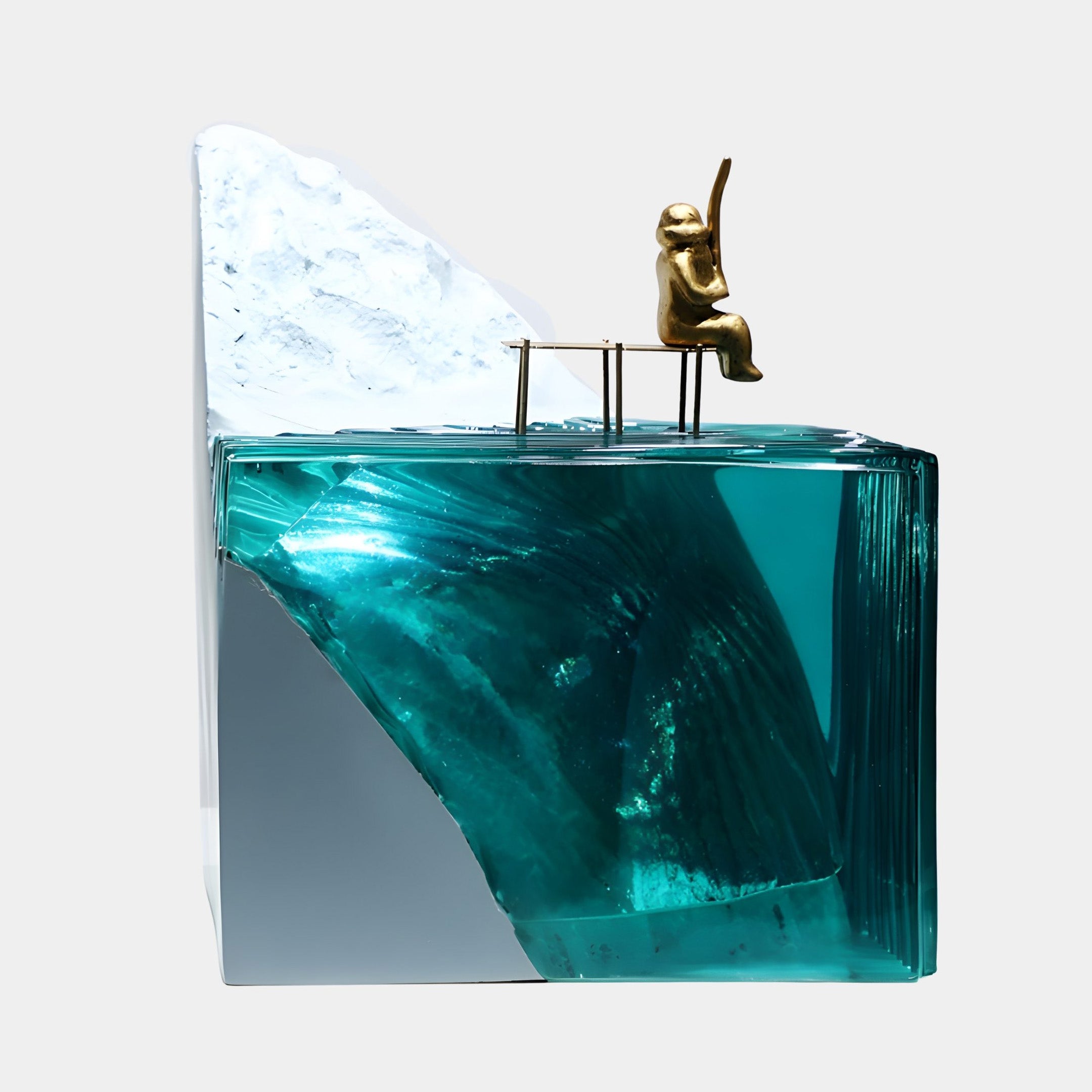 Teal Resin Ocean Peak & Gold Fisherman Sculpture by Giant Sculptures, 32cm, with a gold figure seated above turquoise resin and a white peak.