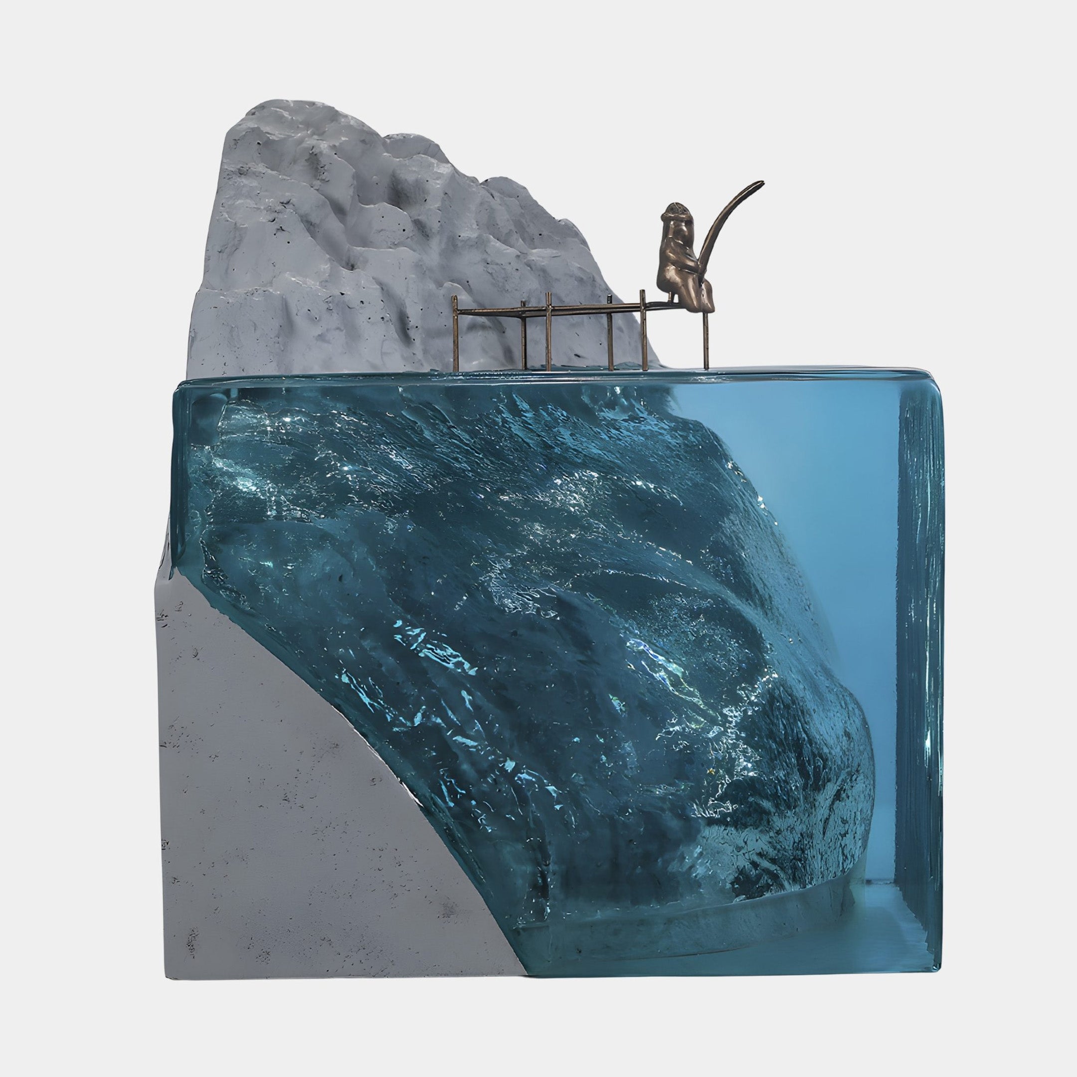 Azure Rippled Sea Peak Resin & Bronze Fisherman Sculpture by Giant Sculptures, with a bronze figure on a pier atop a grey rock and blue resin sea.