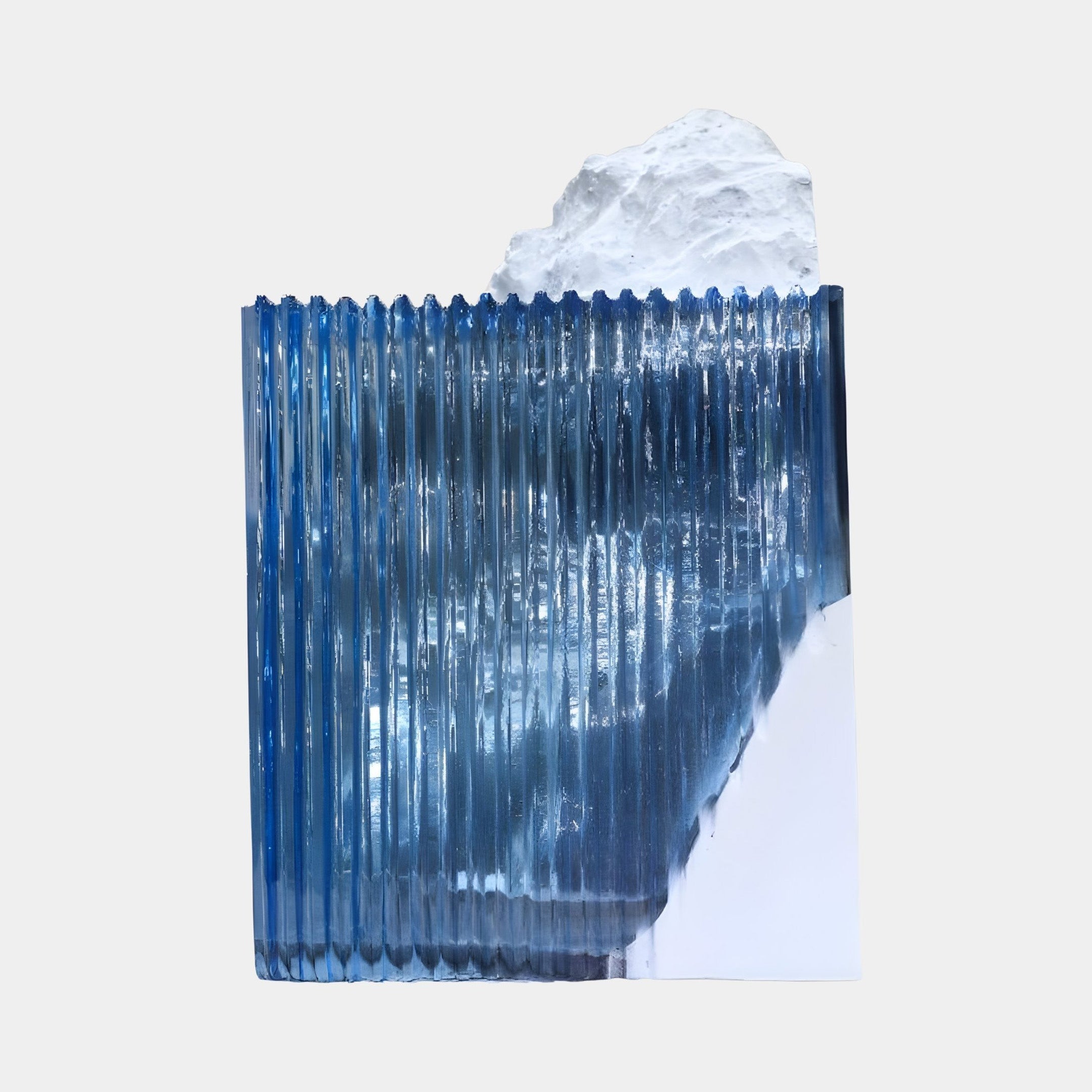 Blue Ribbed Resin Iceberg White Peak Sculpture 55cm by Giant Sculptures, a vertically ribbed translucent blue resin block topped with a rugged white peak.