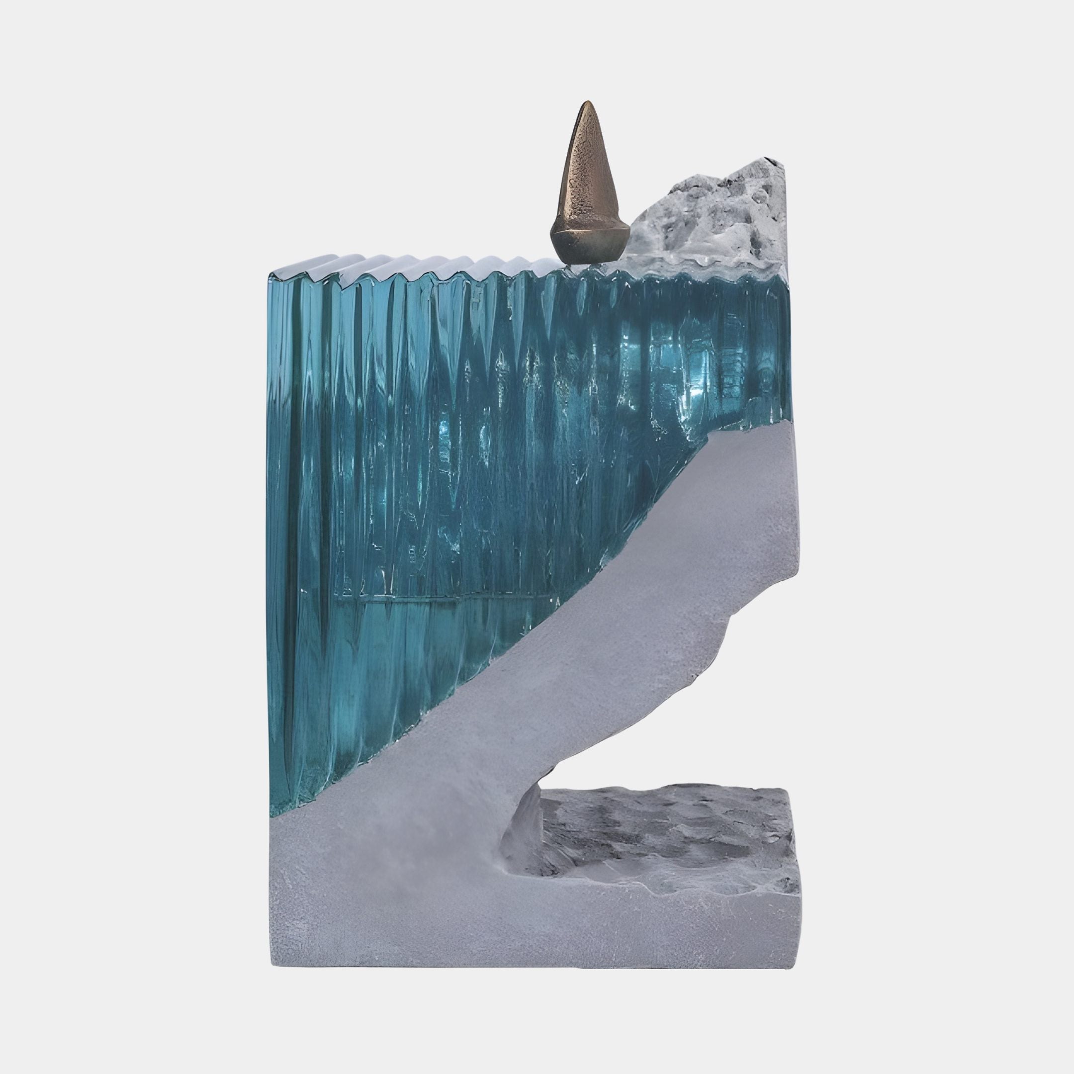 Aqua Ribbed Sea Grey Cliff Silhouette Resin Sculpture by Giant Sculptures, 27cm, with turquoise ribbed glass-like block, grey cliff form, and bronze peak figure.