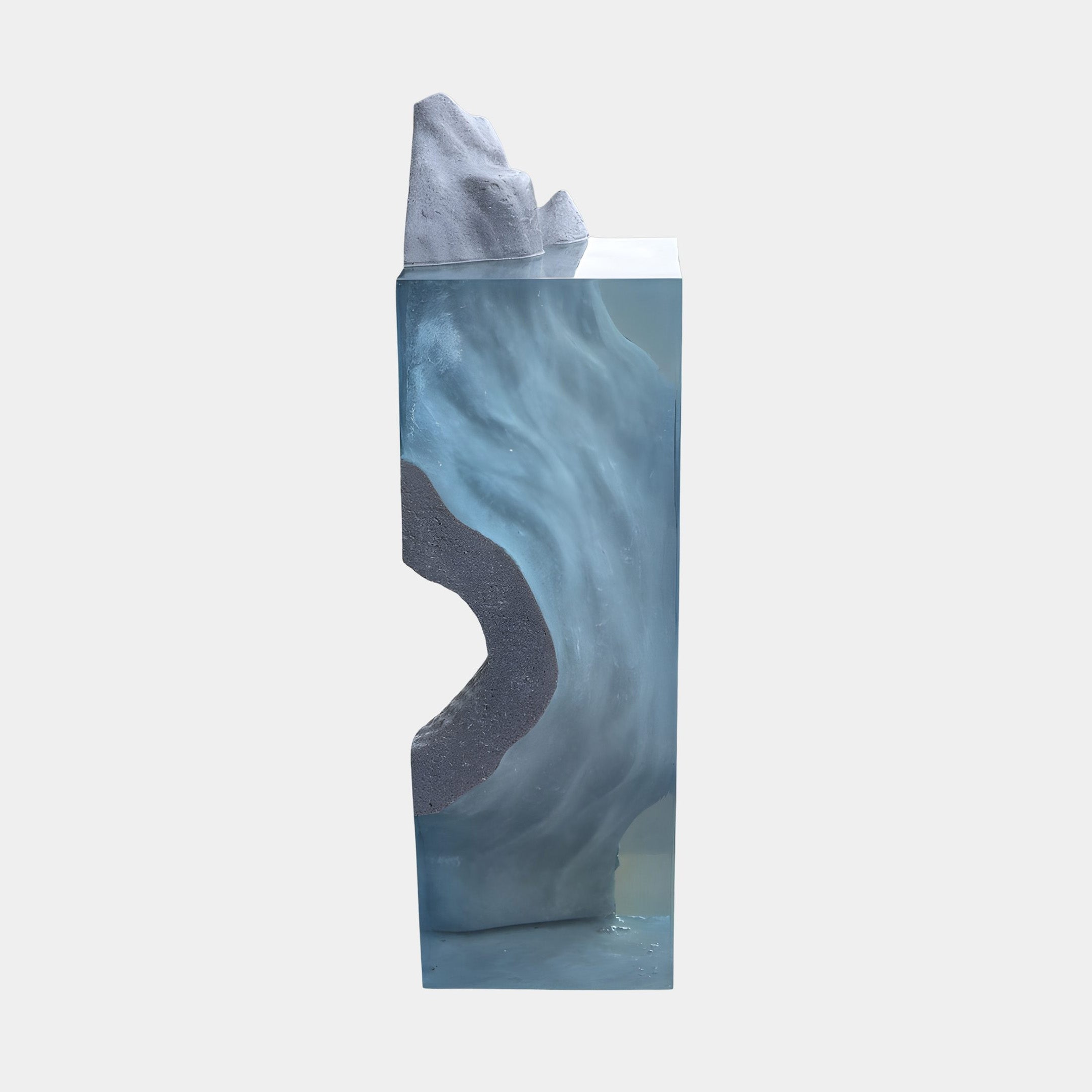 Teal Resin Glacial Column Textured Panel Sculpture by Giant Sculptures, 135cm tall with marbled teal body and rugged grey-white peak, on a plain background.