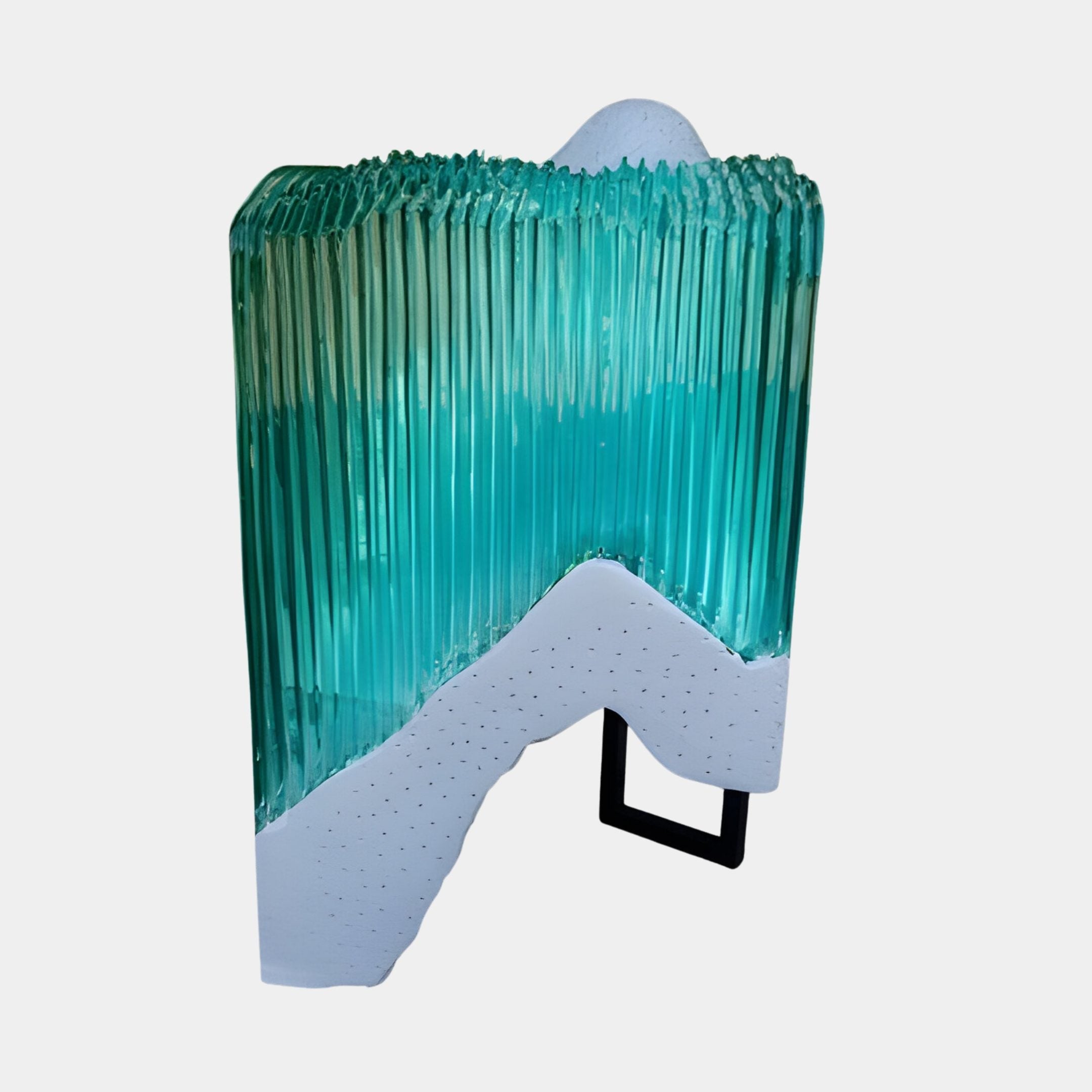 Giant Sculptures Teal Resin Ribbed Cresting Wave Column Sculpture 90cm, with vertical glass-like ridges on a white stone base and black metal stand.