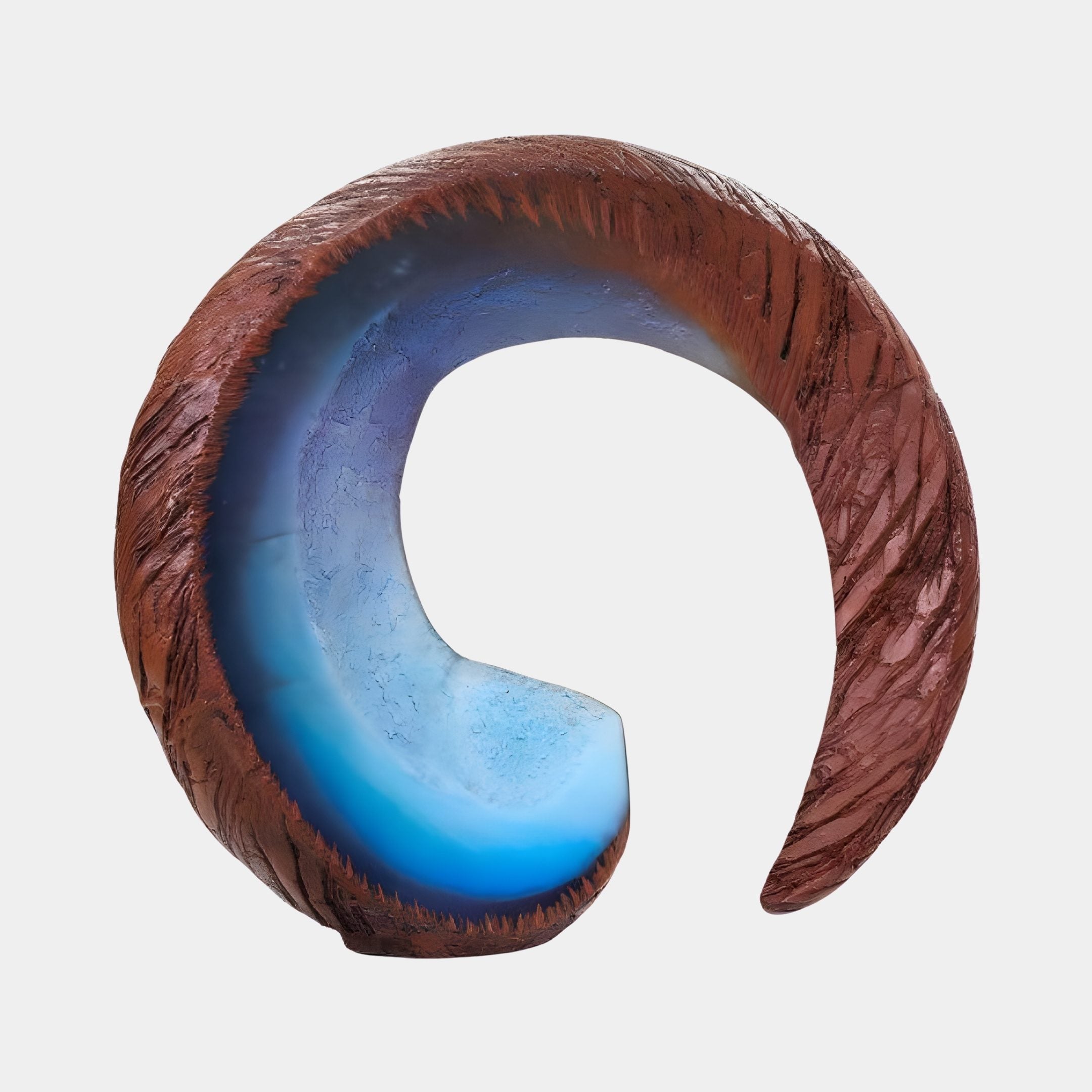 Giant Sculptures Brown & Blue Resin Crescent Ring Sculpture, 48cm, with textured brown bark exterior curving around a luminous blue gradient core on a white background.