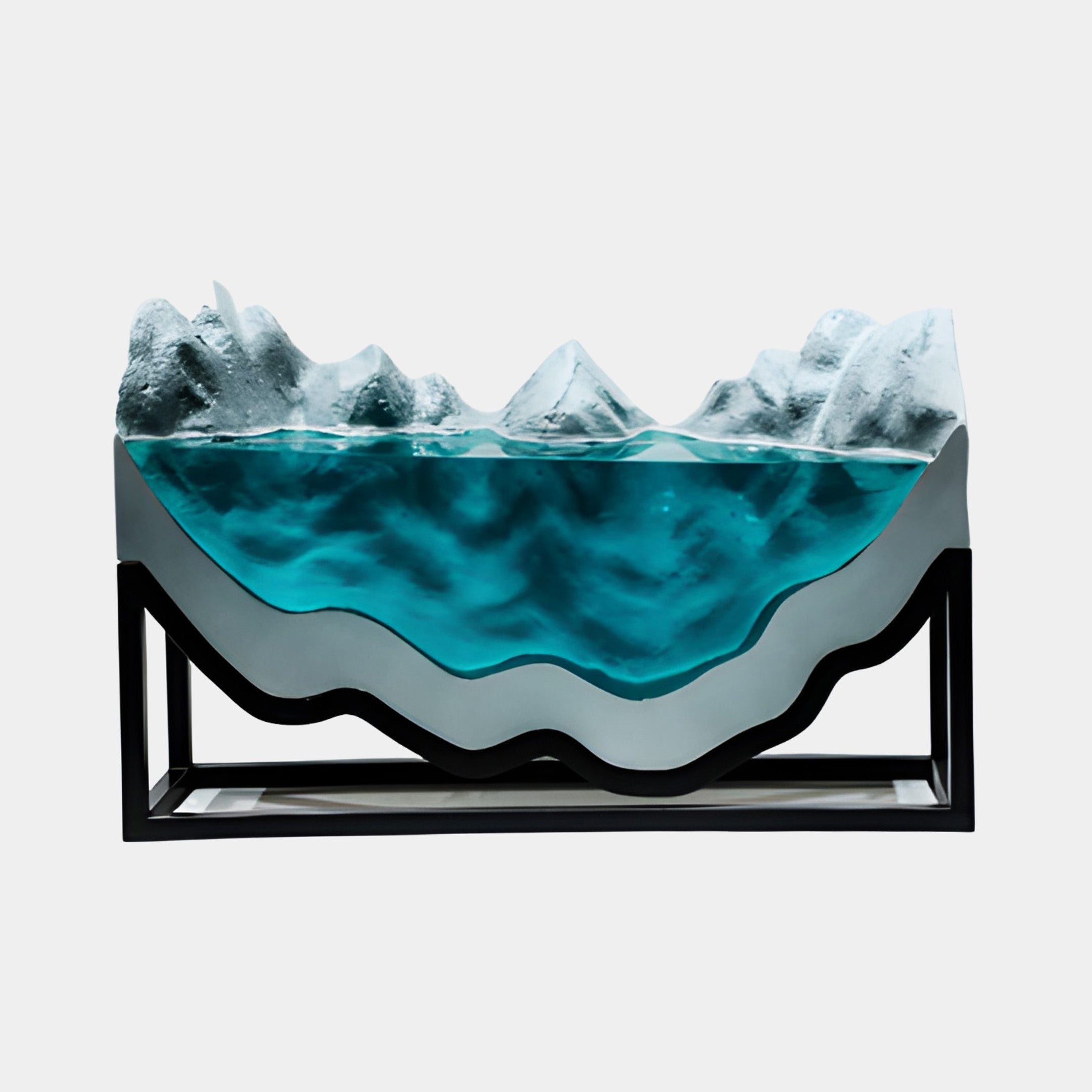 Giant Sculptures Teal Resin Panoramic Glacial Basin, 73cm, with turquoise resin sea and white mountain peaks set in a slim black metal frame.