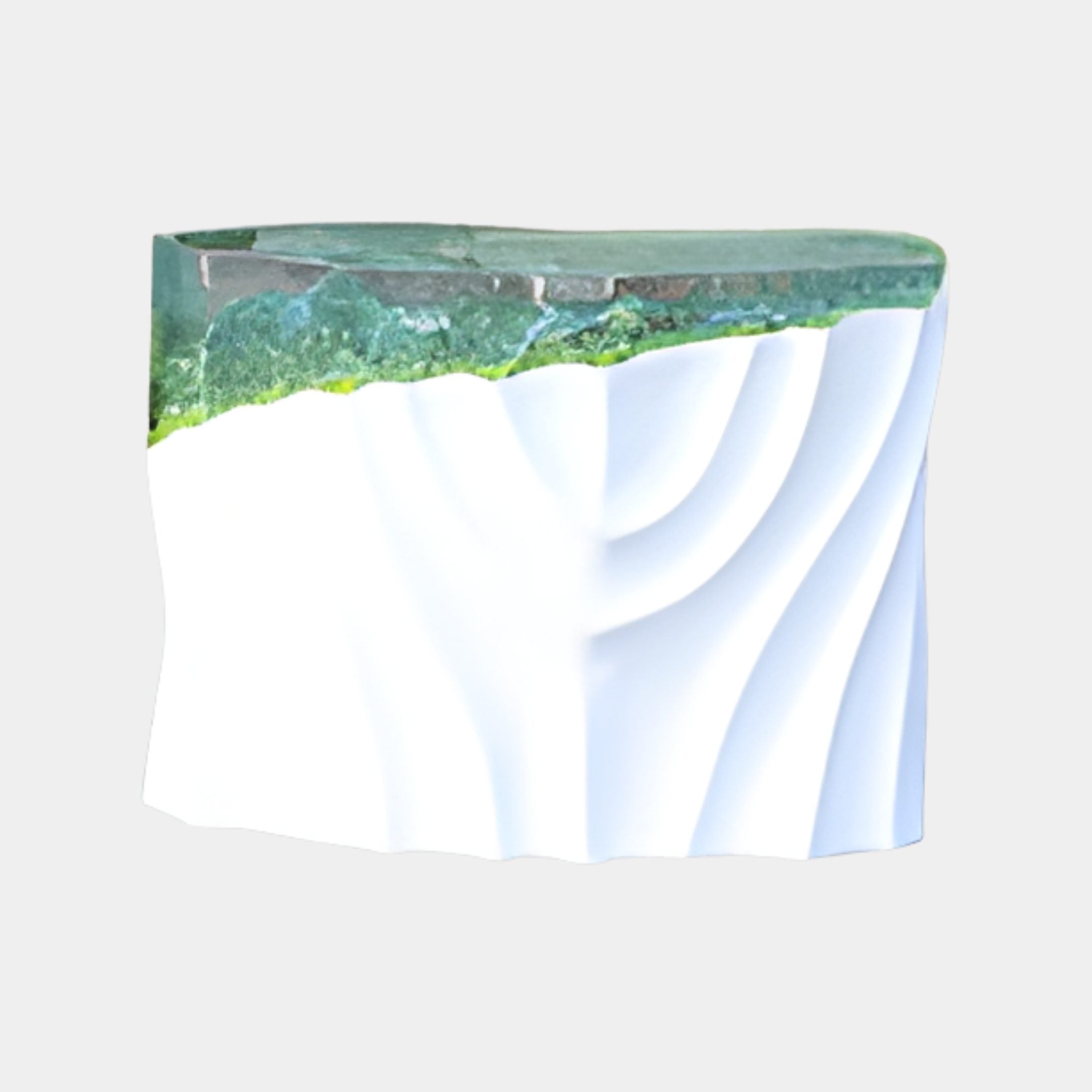Moss Green Resin Inset White Architectural Bench by Giant Sculptures, featuring a draped ivory fibreglass body topped with a rippling green resin inlay, on a white background.