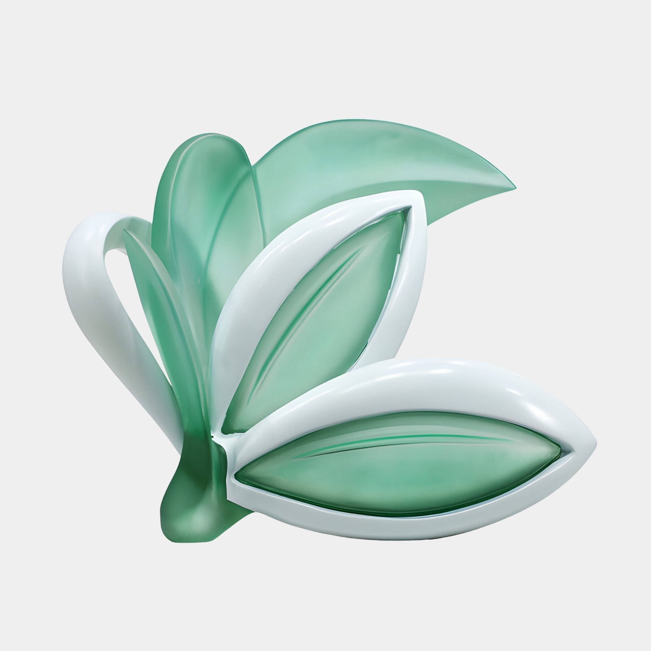 Green Resin Abstract Lotus Flower Sculpture by Giant Sculptures, 60cm, with frosted mint petals edged in glossy white, shown against a plain light grey background.