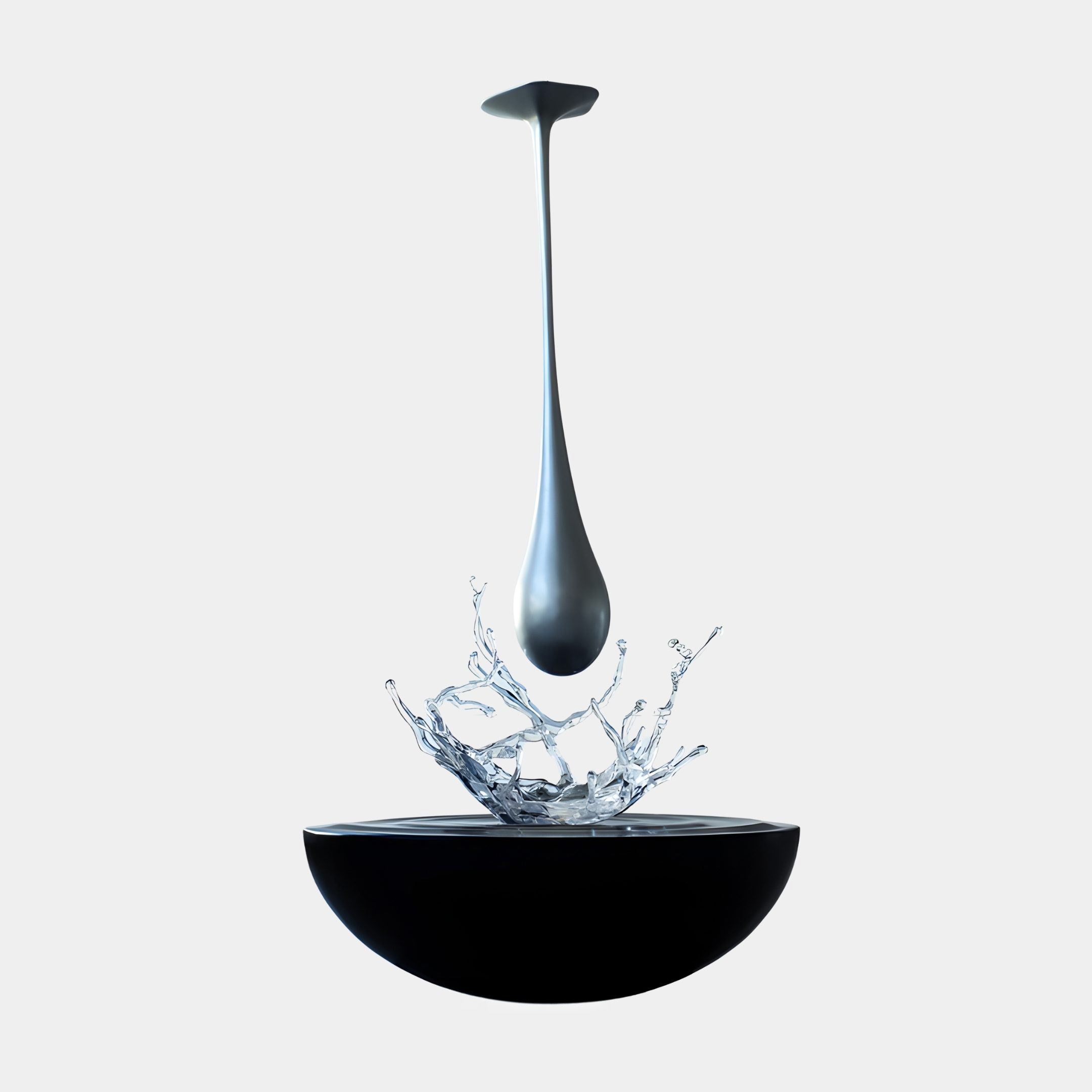 Silver Metallic Droplet & Resin Splash Sculpture by Giant Sculptures, 180cm, showing a mirrored teardrop suspended above a clear splash crown on a glossy black bowl.