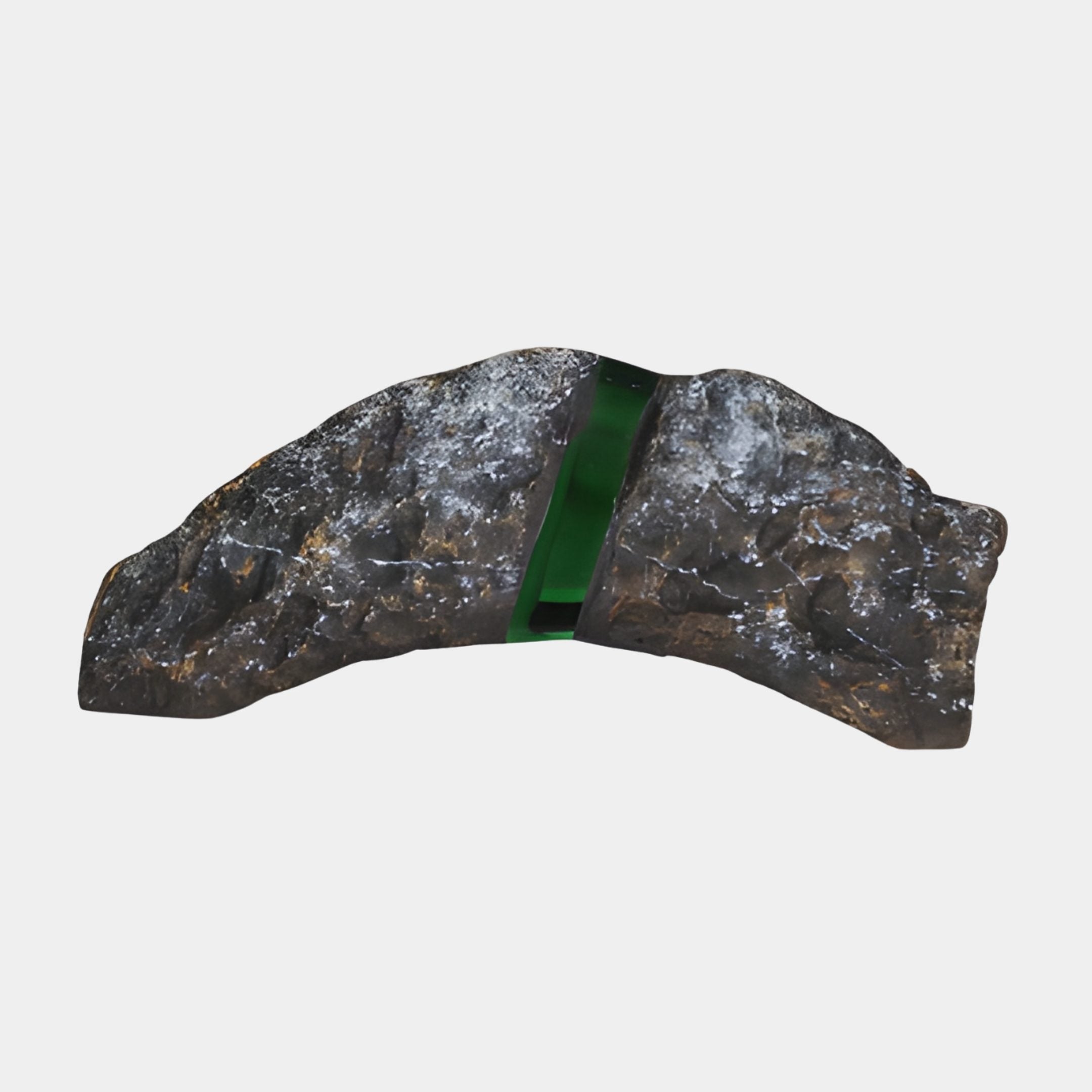 Giant Sculptures Emerald Green Translucent Resin Arched Rock Sculpture 73cm, a dark textured stone arch banded by a glossy green resin seam, on a plain background.