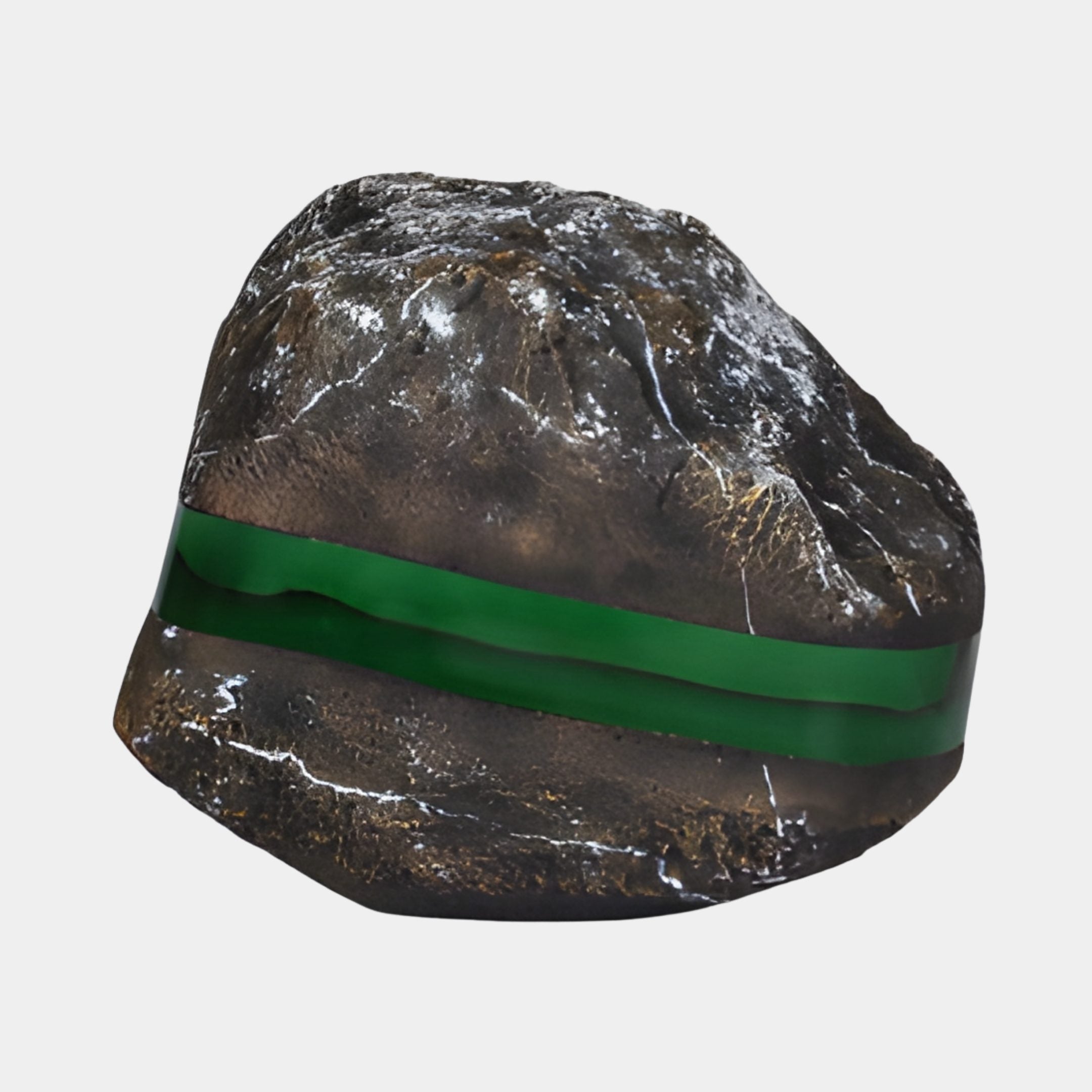 Giant Sculptures Emerald Green Translucent Resin Horizontal Band Rock Sculpture 35cm, dark textured boulder encircled by a glossy green resin band, on white.