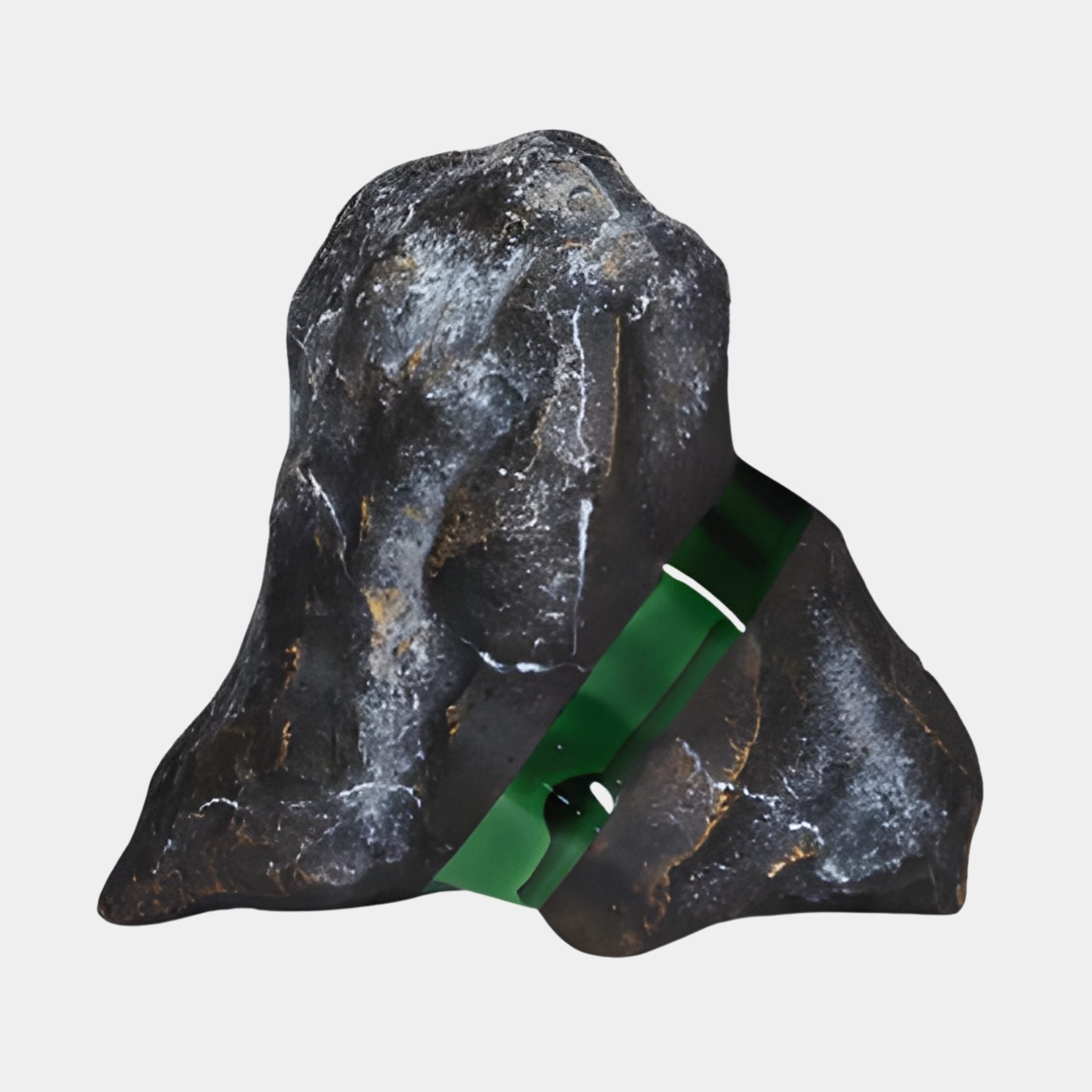 Giant Sculptures Emerald Green Translucent Resin Angular Peak Rock Sculpture 42cm, dark textured stone form banded by a glossy green resin ribbon, on white.