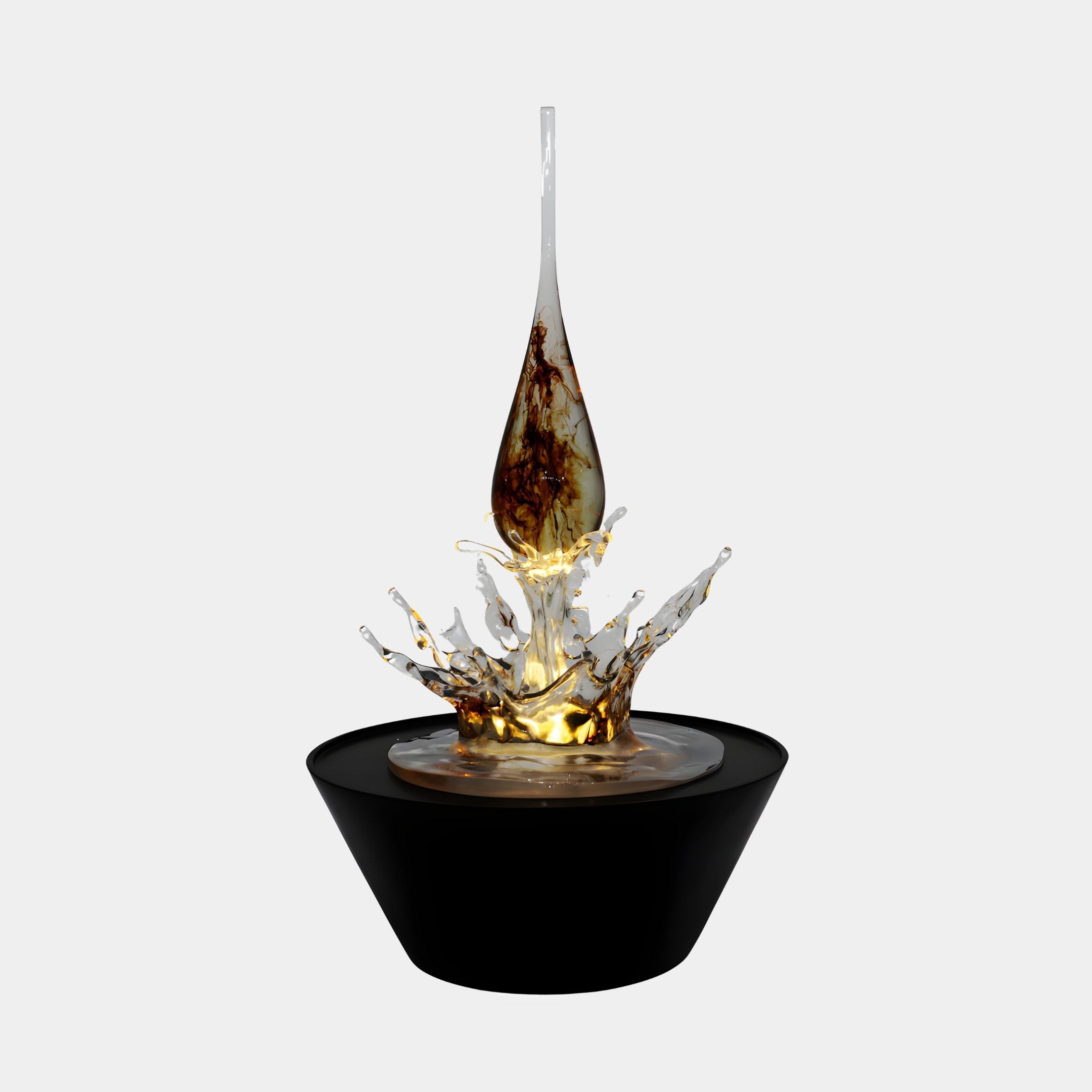 Giant Sculptures Amber Ink Infused Water Crown Splash Resin Sculpture 95cm, with a tall amber teardrop above a gilded splash crown on a black bowl base.