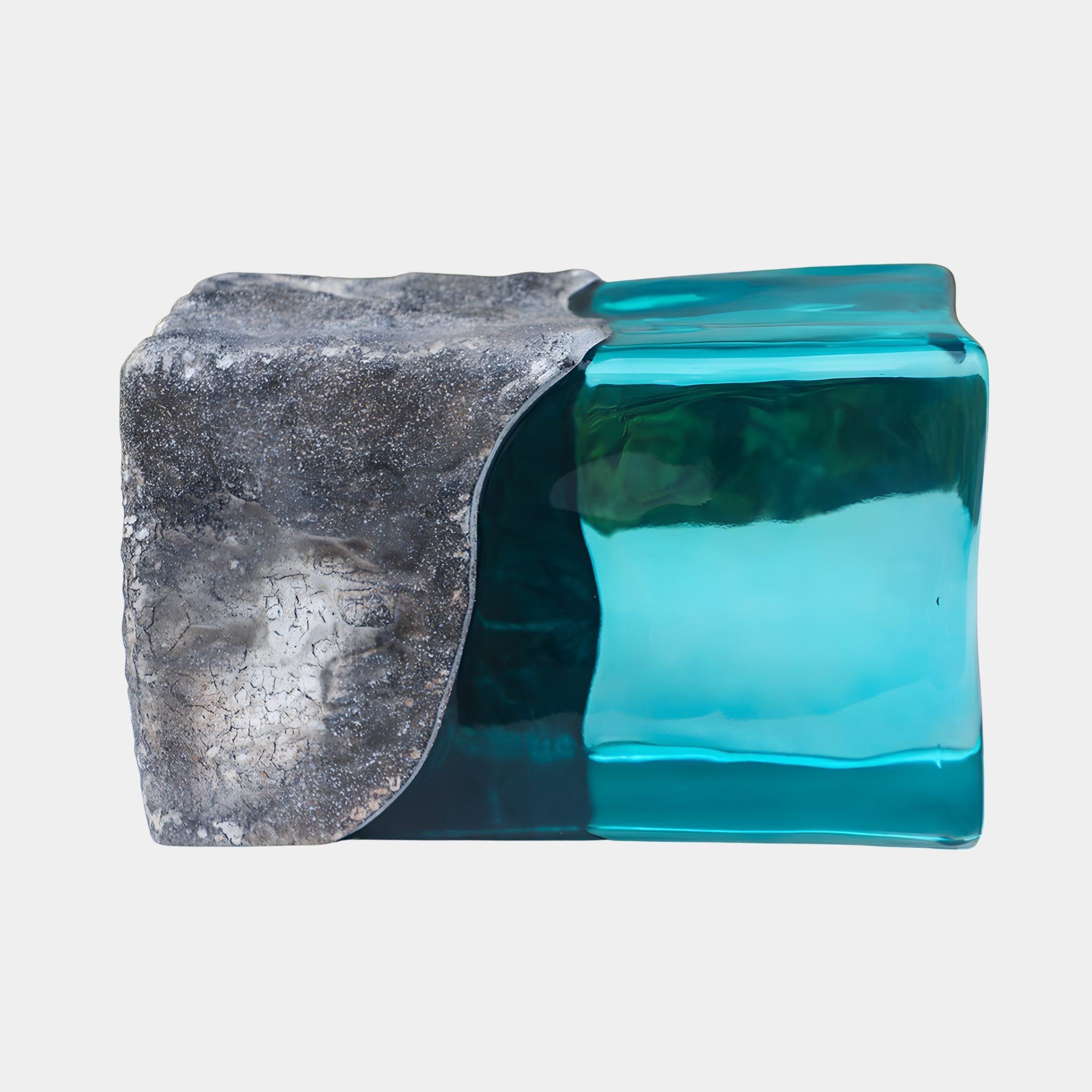 Teal Resin Ocean Cube with Rock Sculpture by Giant Sculptures, pairing a glossy turquoise resin block with a rugged grey stone side, shown on a plain background.