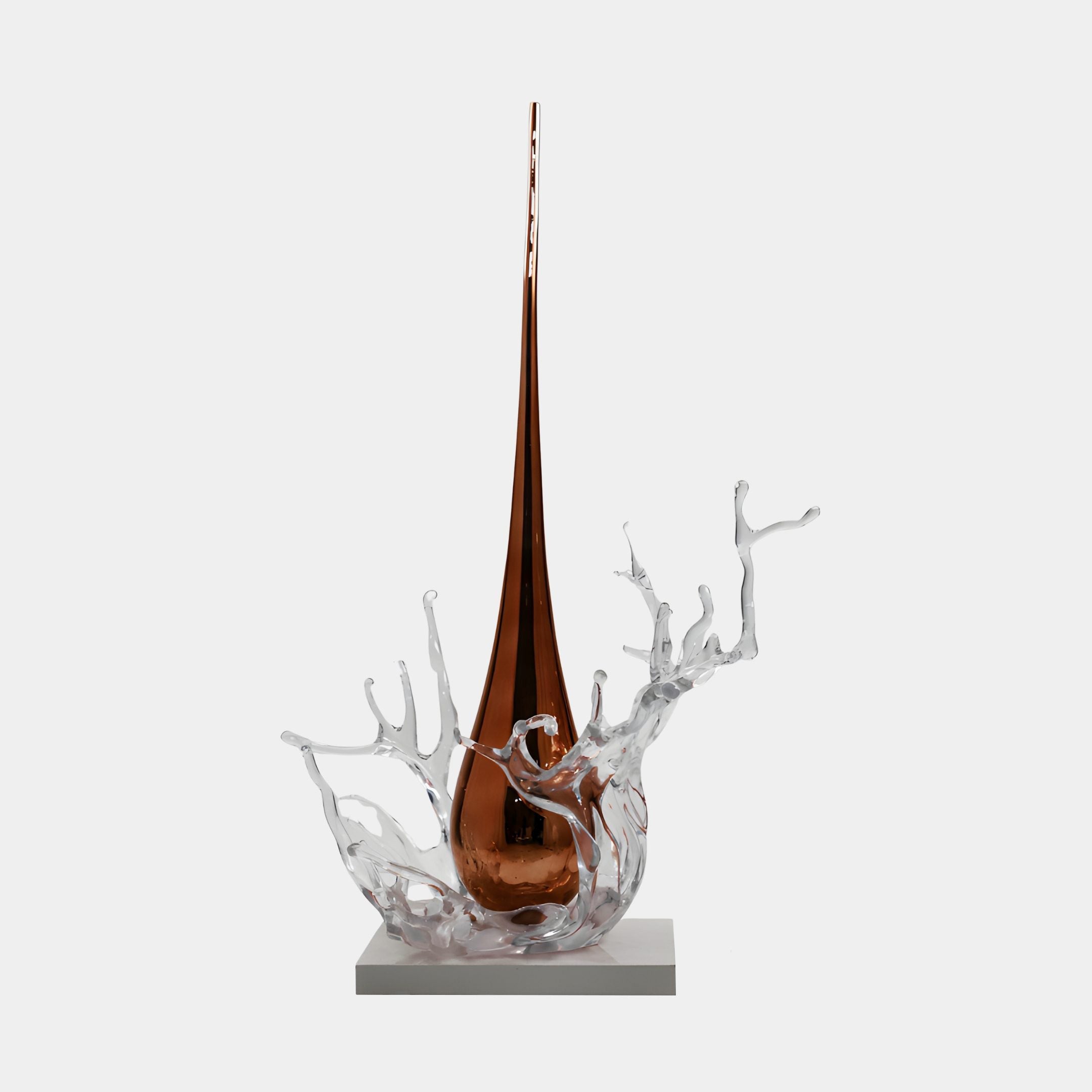 Giant Sculptures Polished Copper Tall Drop Water Splash Resin Sculpture 150cm, copper teardrop spire rising from clear resin splash on white base.