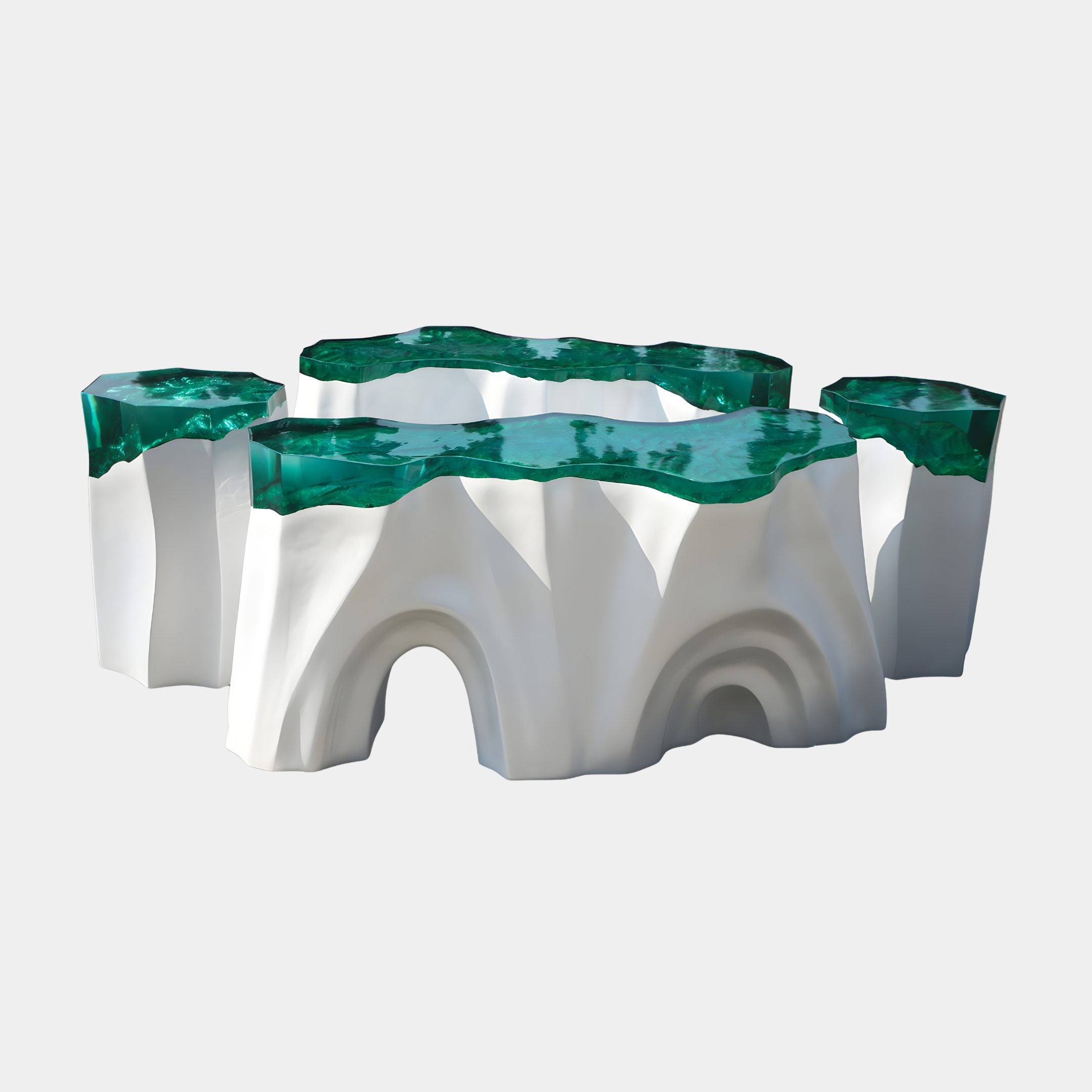 Teal Resin Ocean Grotto Organic Wave Bench Sculpture by Giant Sculptures, featuring a flowing white fibreglass base and emerald resin top, shown with matching stools.