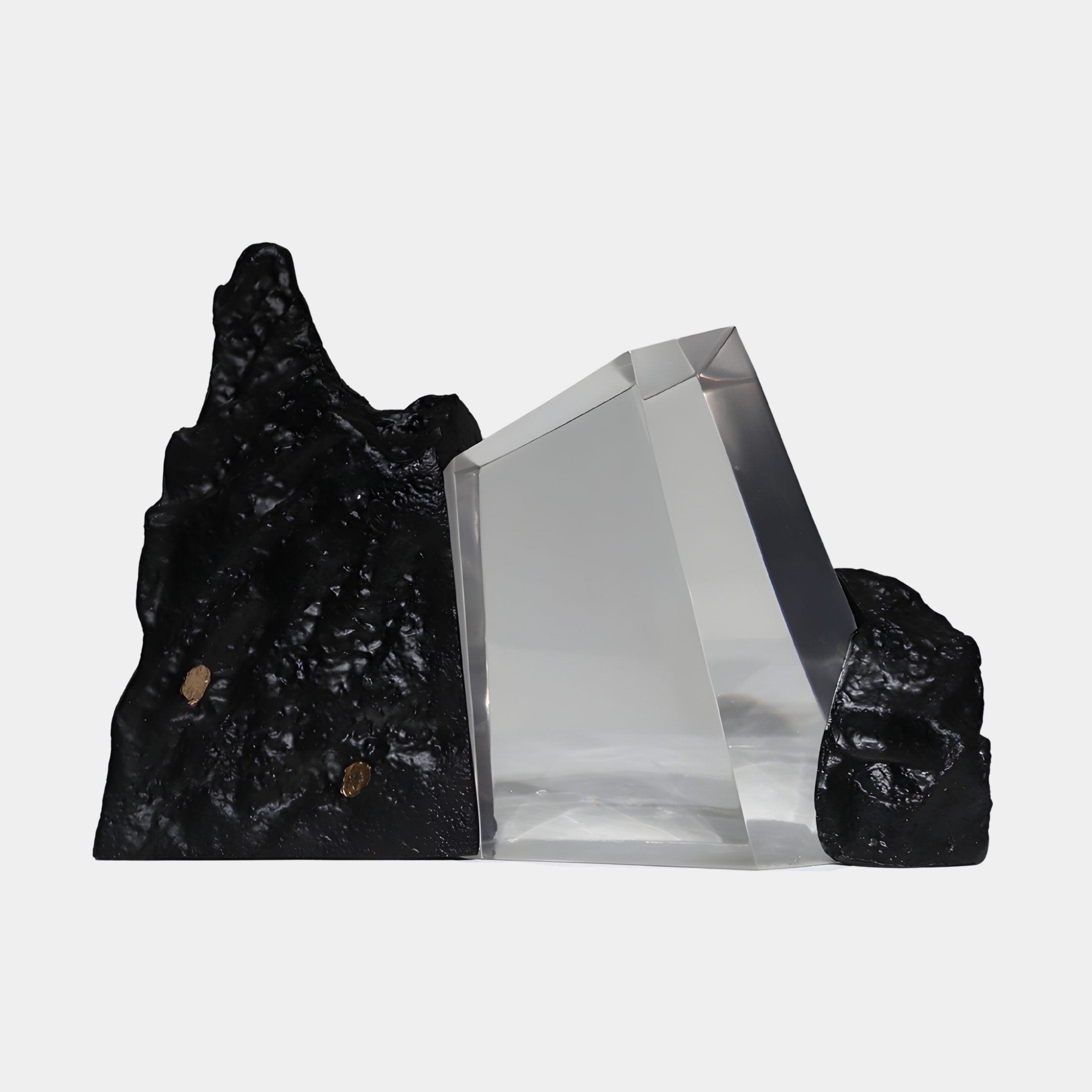 Giant Sculptures Black Rock with Geometric Clear Resin Sculpture, 50cm, pairing a textured black boulder with a polished transparent wedge on a white background.