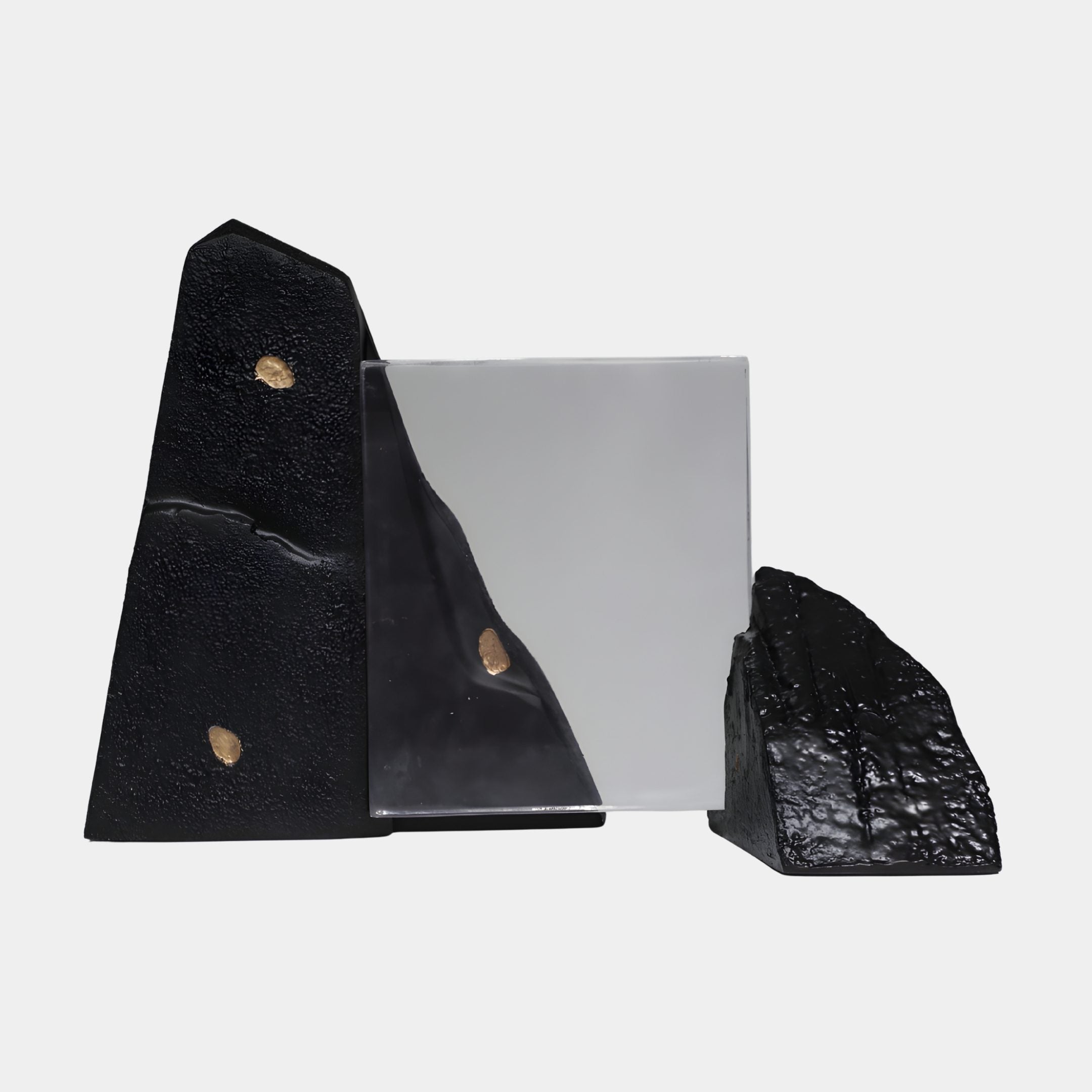 Giant Sculptures Clear Square Inset Gold Fleck Rock Resin Sculpture 50cm, with a transparent square block set between rugged black stone forms flecked with gold, on a white background.