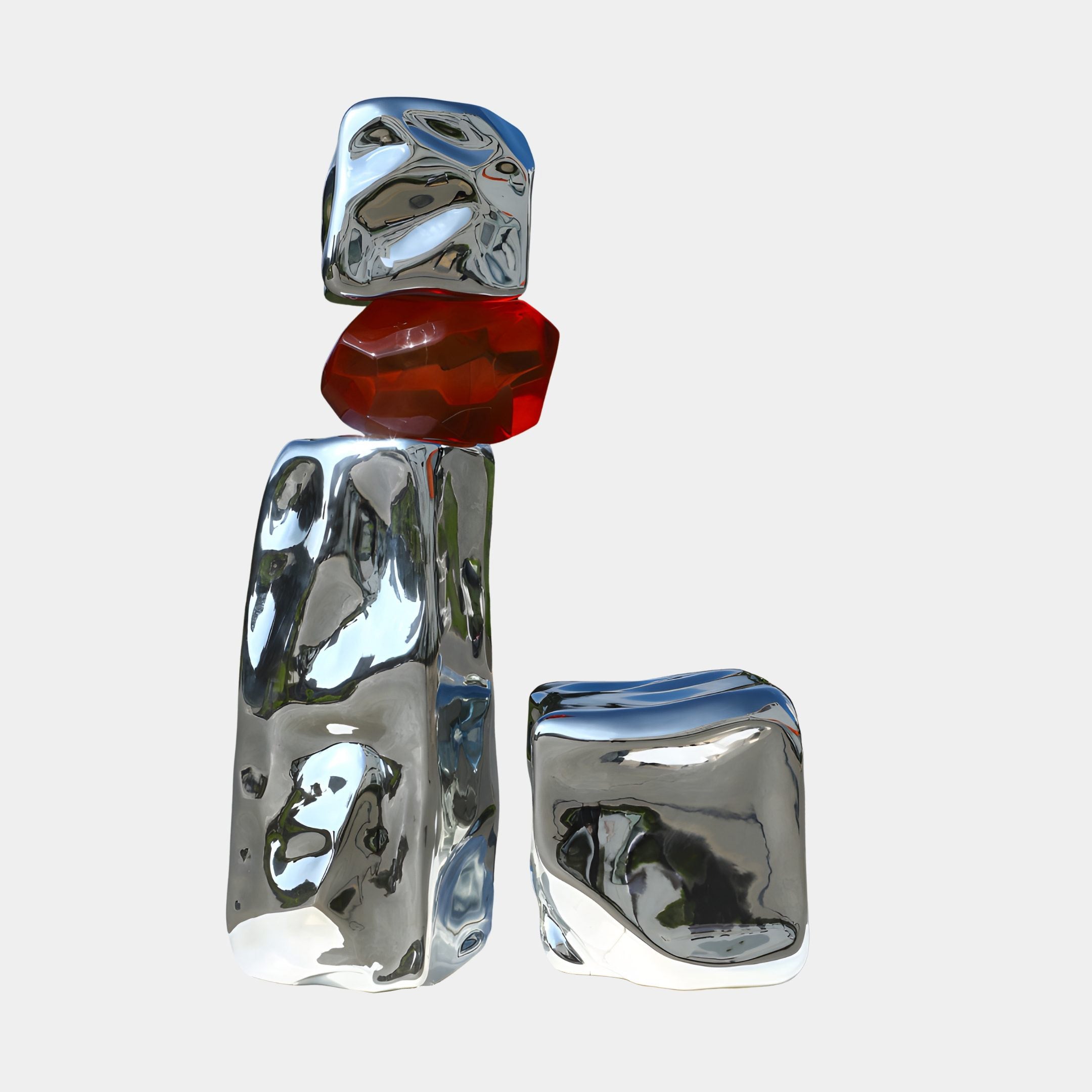 Polished Chrome & Red Abstract Blocks Sculpture by Giant Sculptures, featuring stacked mirror-finished fibreglass blocks with a red resin stone, on a plain background.