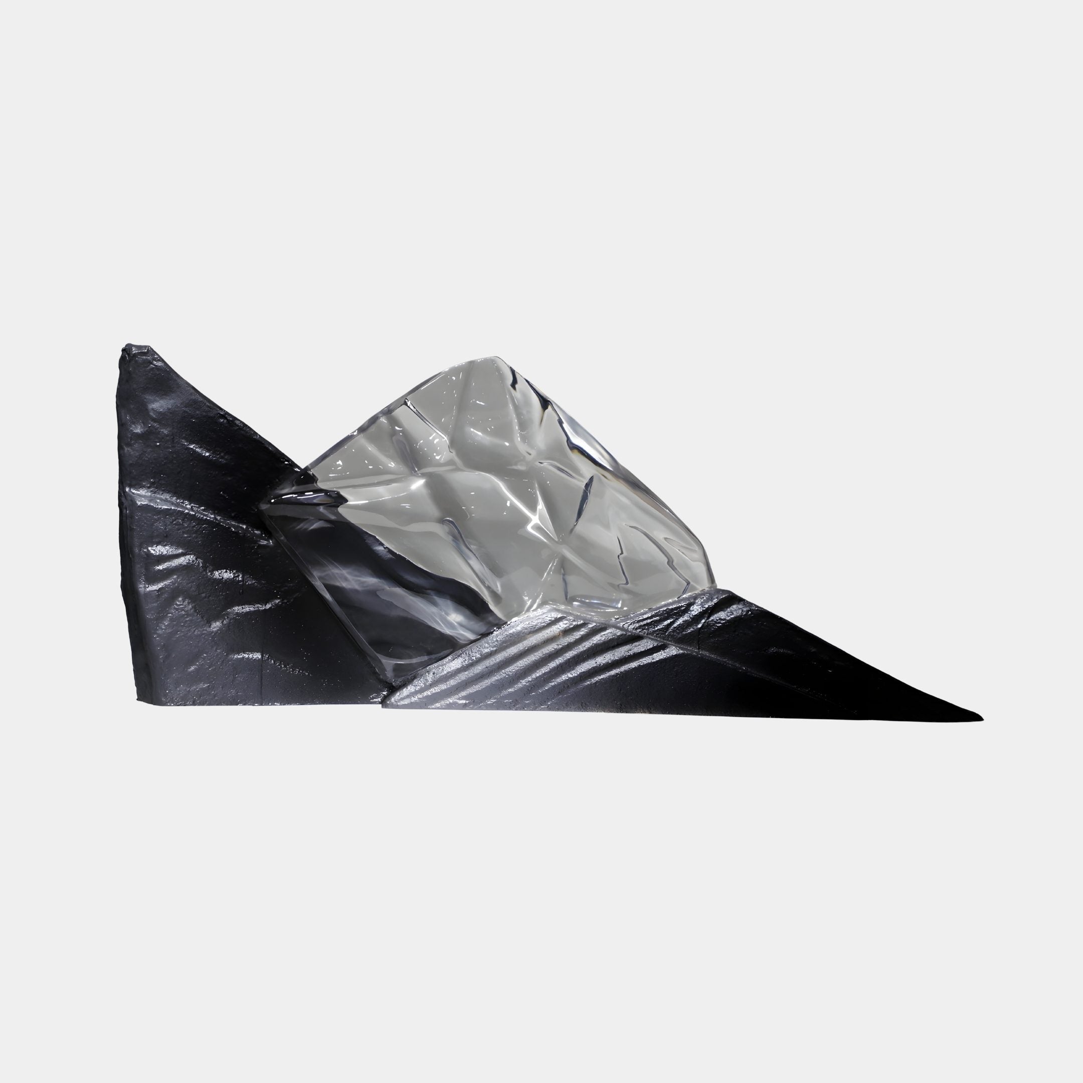 Giant Sculptures Black & Clear Geometric Mountain Peak Resin Sculpture 100cm with glossy black faceted base and clear crumpled resin summit, side view on white.