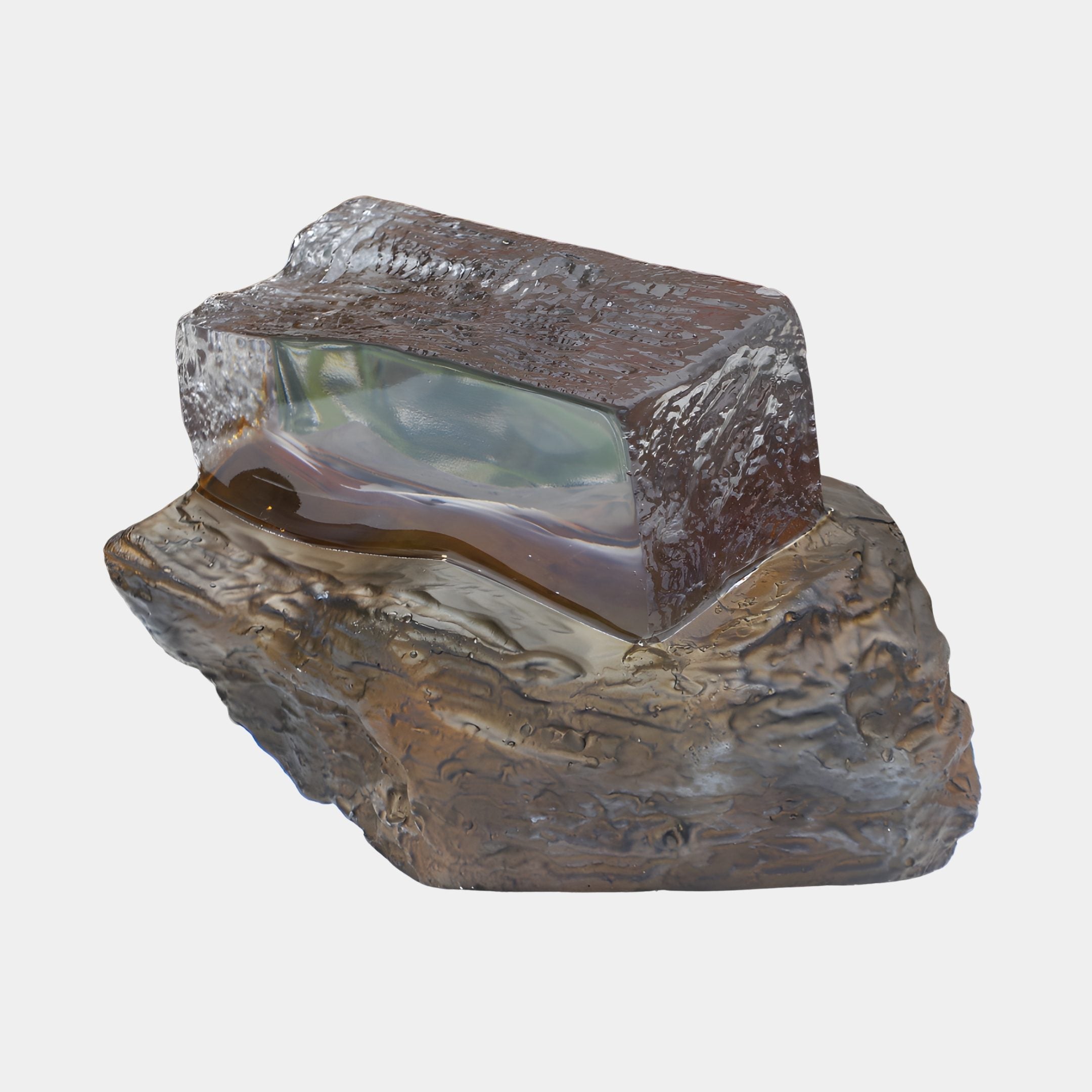 Giant Sculptures Amber Clear Inset Textured Rock Resin Sculpture 27cm, a clear resin block set into a textured amber-bronze rock, shown on a plain background.