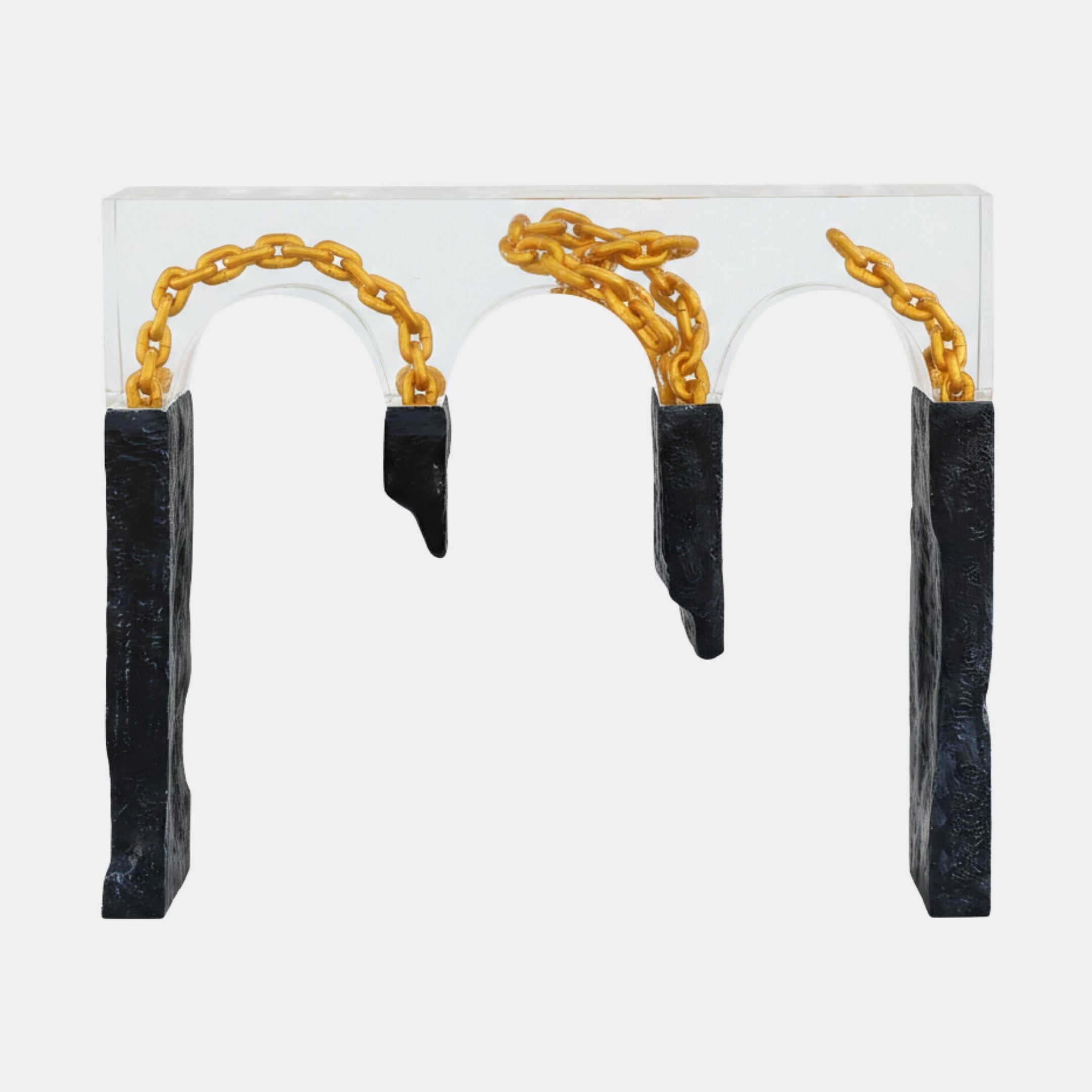 Gold Chain Link Inset Clear Gate Resin Sculpture by Giant Sculptures, featuring a clear arched span with draped gold chains on black stone pillars.