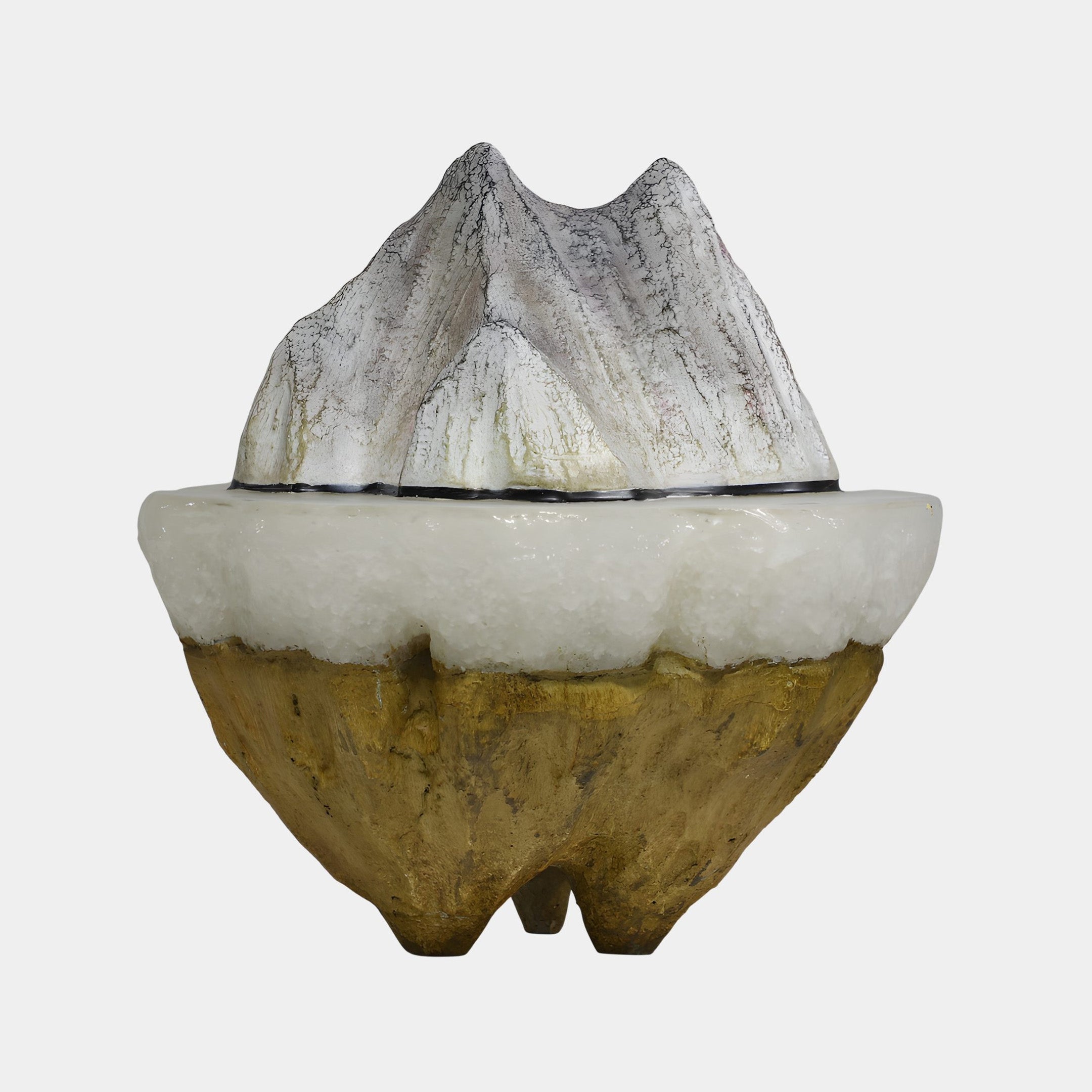 Giant Sculptures White Quartz Peak & Earth Core Resin Sculpture 38cm with grey veined summit, crystalline white midsection and bronze-earth base on a plain background.
