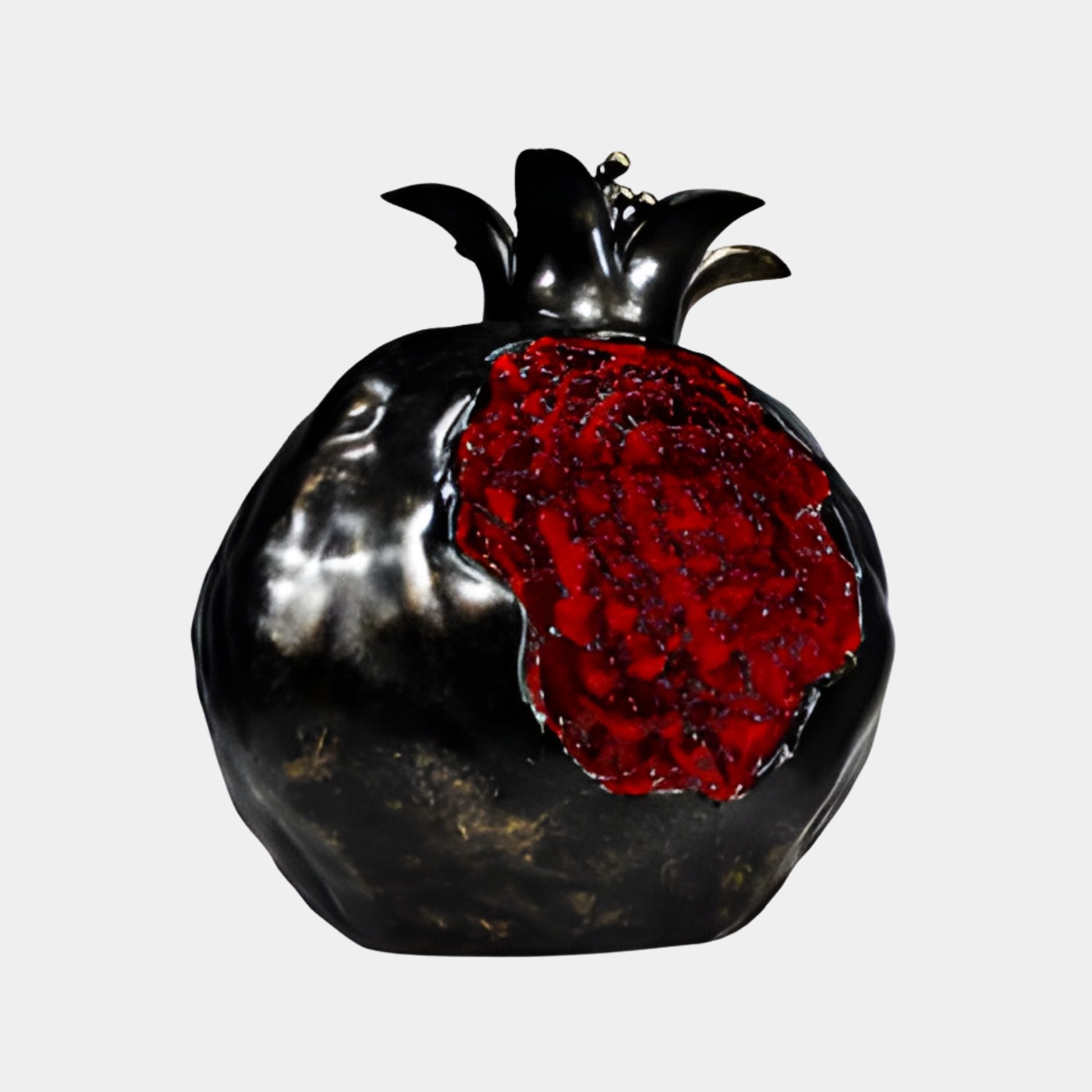 Giant Sculptures Dark Bronze & Red Seeded Pomegranate Resin Sculpture, 41cm, split open to reveal glistening red seeds, shown against a plain light background.