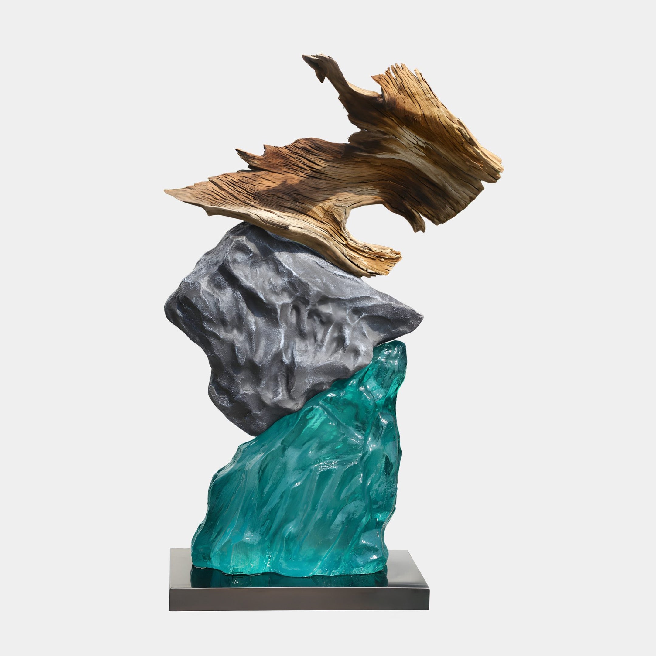 Giant Sculptures Natural Driftwood & Teal Wave Totem Resin Sculpture 88cm, stacking golden driftwood, grey rock and teal resin on a metal base.