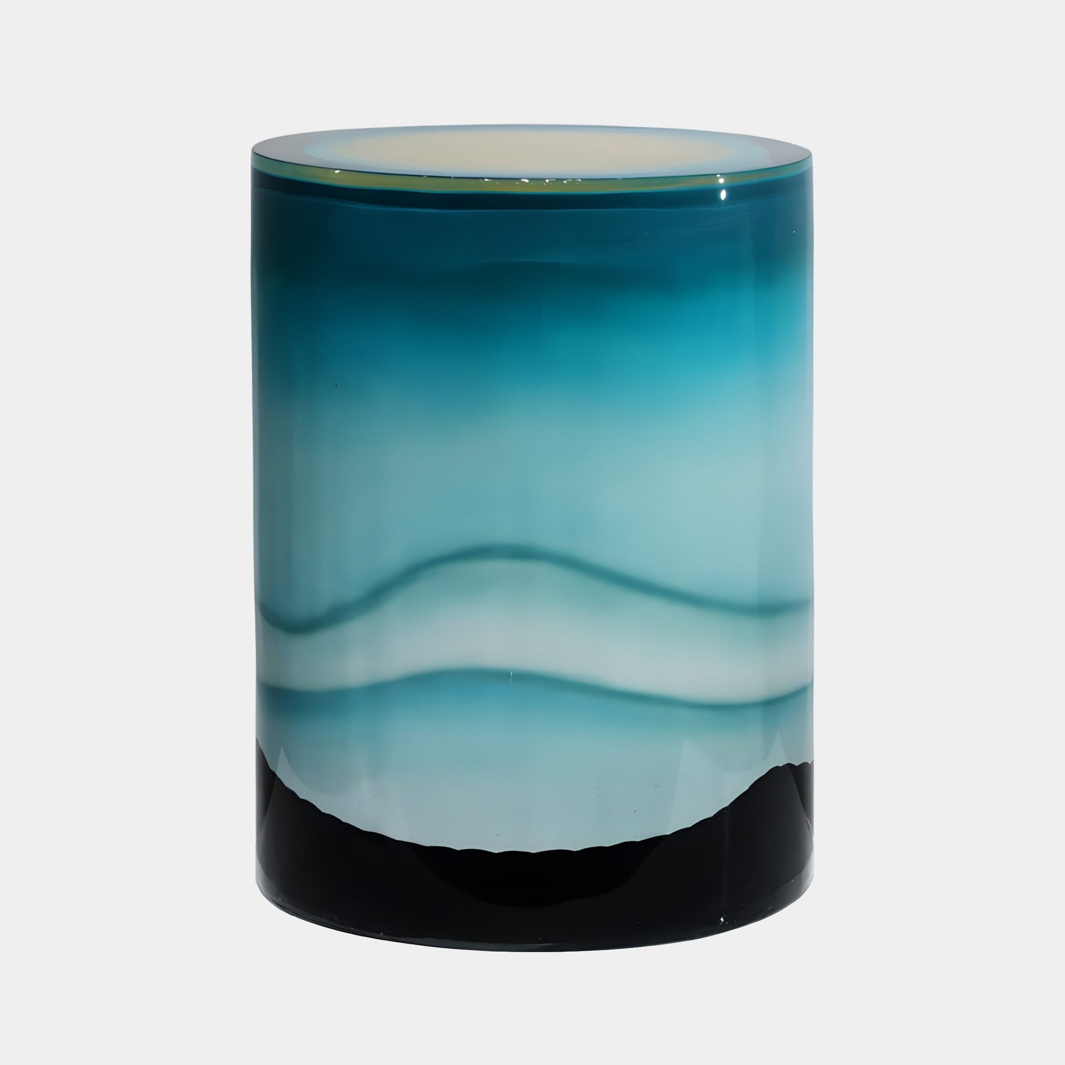 Blue Gradient Wave Cylinder Resin Side Table by Giant Sculptures, 45cm, with flowing teal-to-pale wave layers in glassy resin on a plain white background.