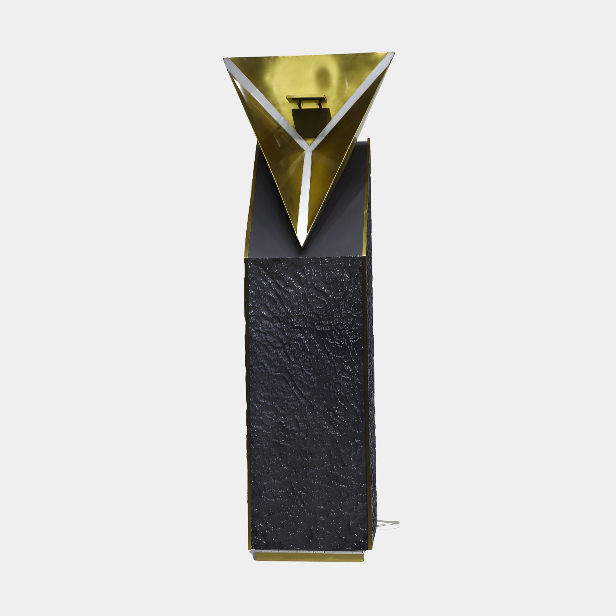 Gold Mirror Inverted Pyramid on Black Column Sculpture 140cm by Giant Sculptures, gleaming gold apex above a textured black plinth on a plain background.