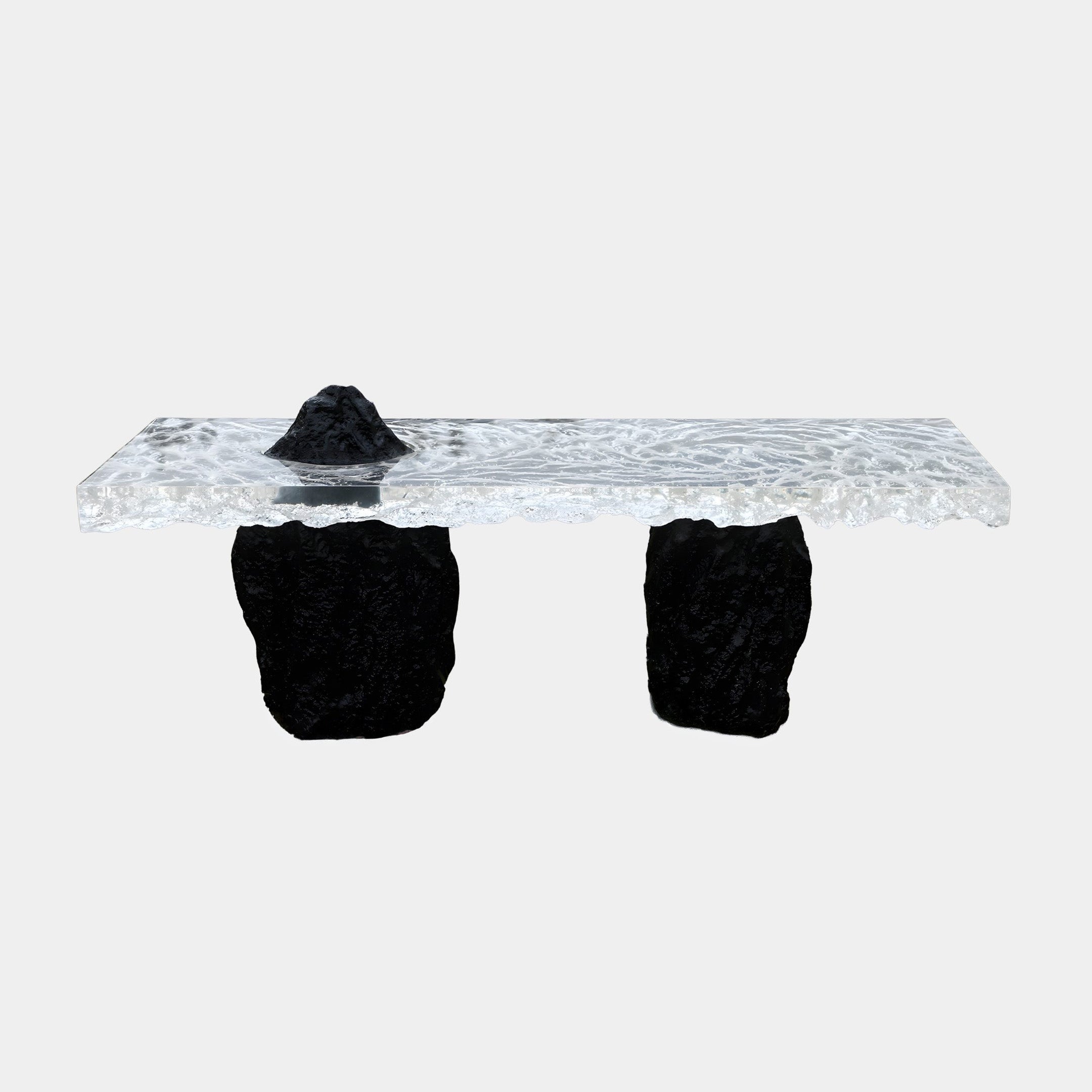 Giant Sculptures Clear Ice Slab & Dual Black Peak Resin Console Bench in 140cm, frosted clear slab on two black rock peaks with a small peak on top, plain background.