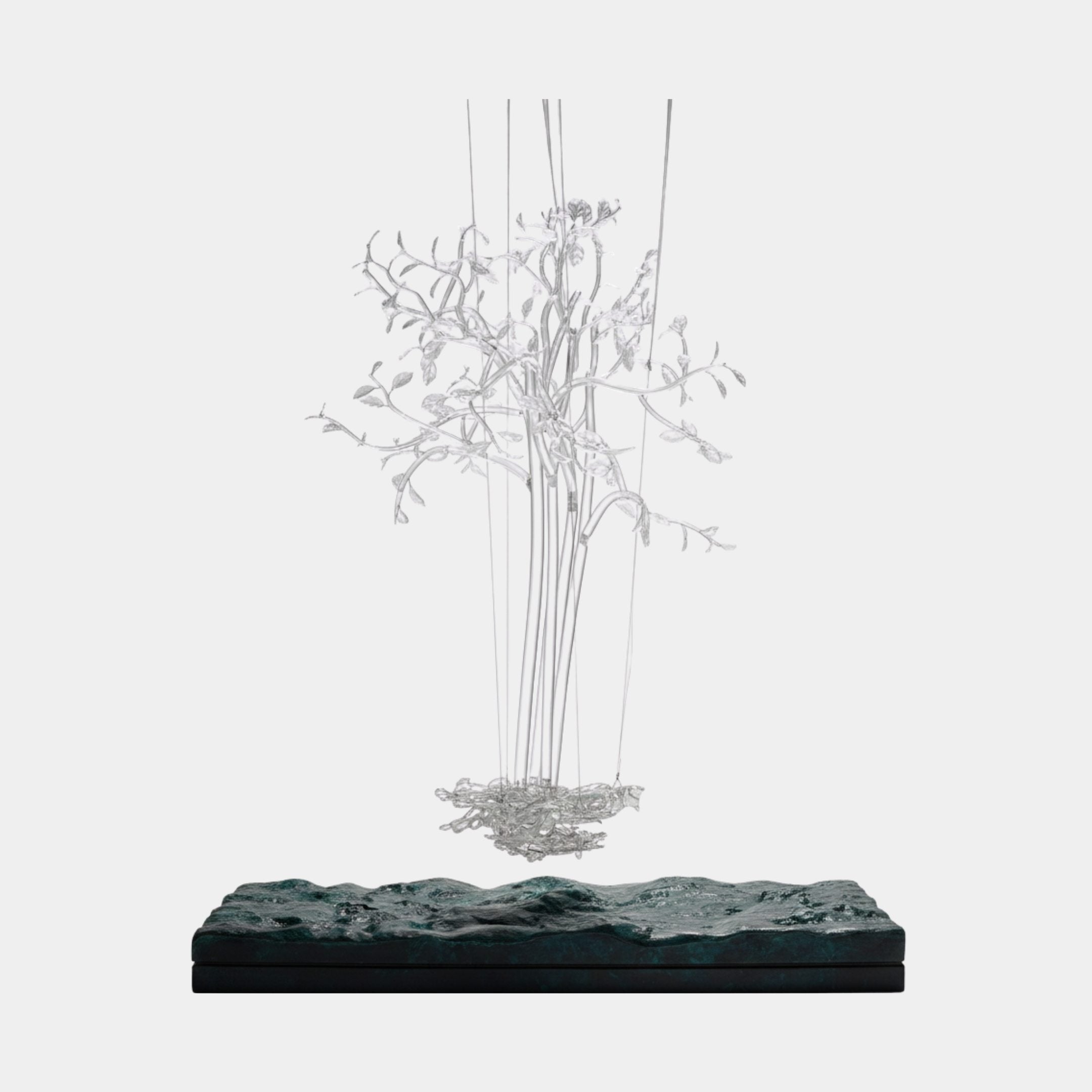 Giant Sculptures Clear Floating Tree & Teal Ocean Base resin sculpture, 165cm, with silver-clear branching canopy suspended above a textured teal base.