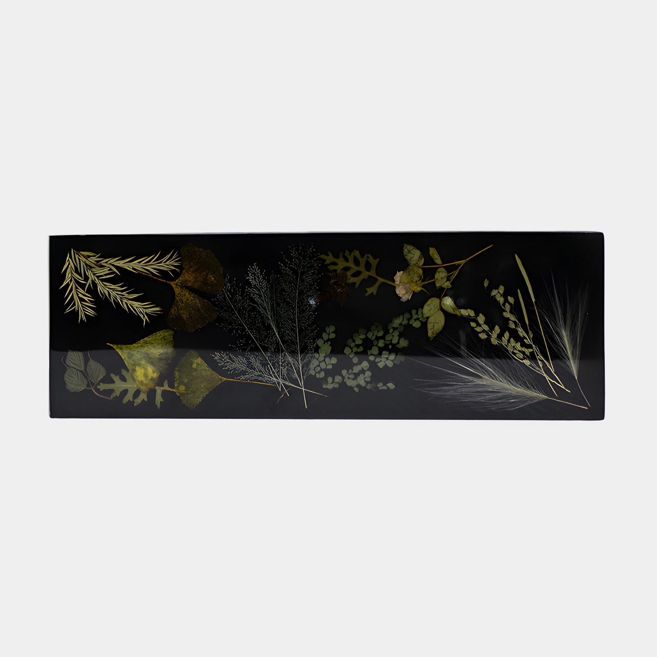 Black Botanical Pressed Flower Panel Sculpture by Giant Sculptures, 44cm rectangular resin panel with pressed ferns, leaves, and grasses in gold, green, and white tones.