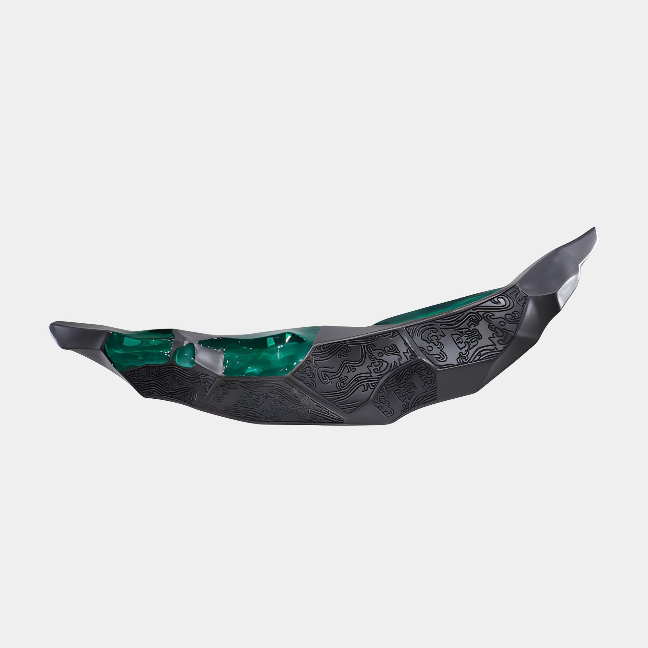 Teal Resin Leaf Boat Sculpture 140cm by Giant Sculptures, an elongated dark contoured form with a glowing teal-green resin pool inlay, shown on a plain background.