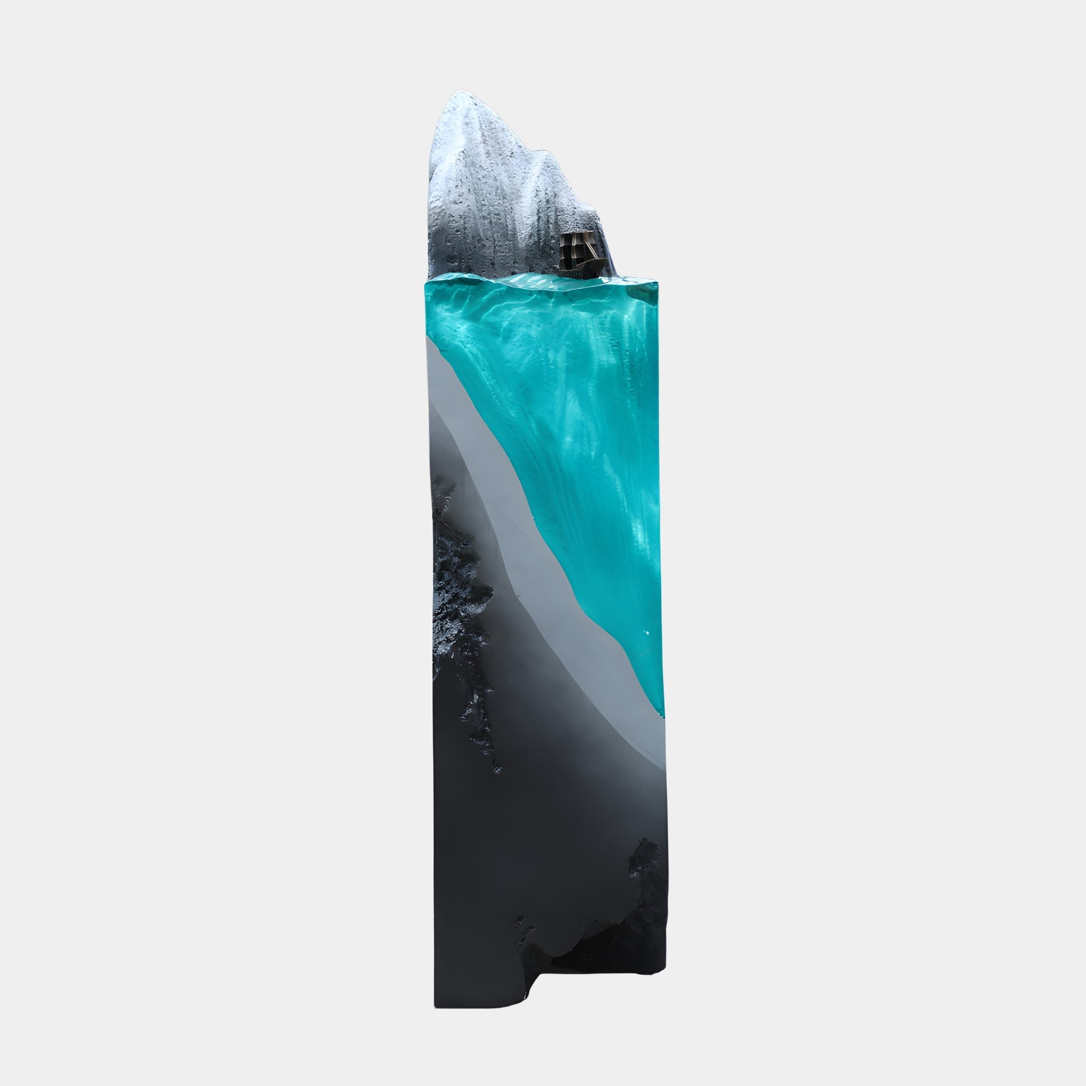 Giant Sculptures Teal Resin Wave & Dark Column Sculpture 150cm, a tall fibreglass and resin pillar with glowing teal water and white wave crest, on a plain background.