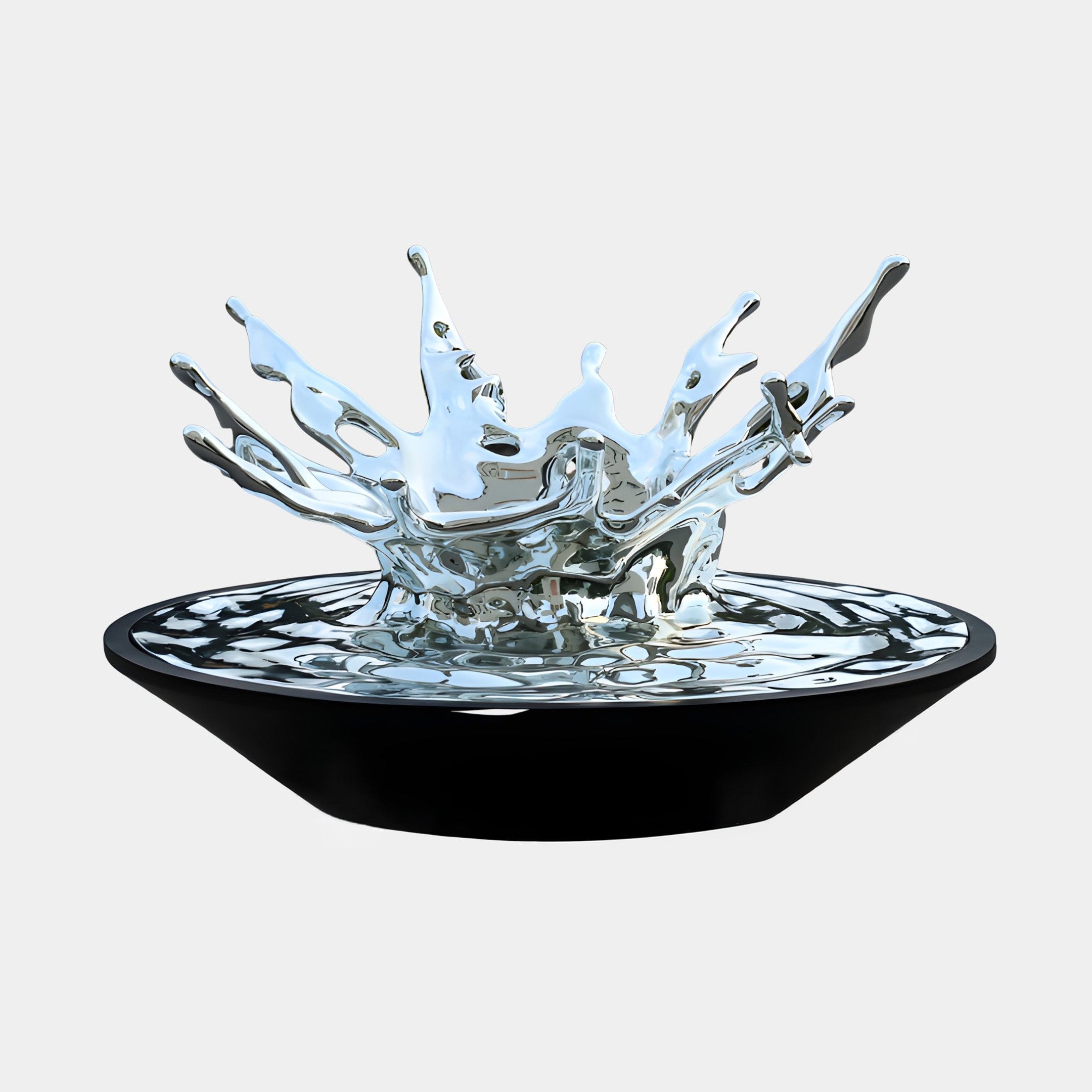 Giant Sculptures Chrome Water Splash on Black Basin fibreglass sculpture, mirror-bright droplets frozen mid-burst above a glossy black basin, plain background.